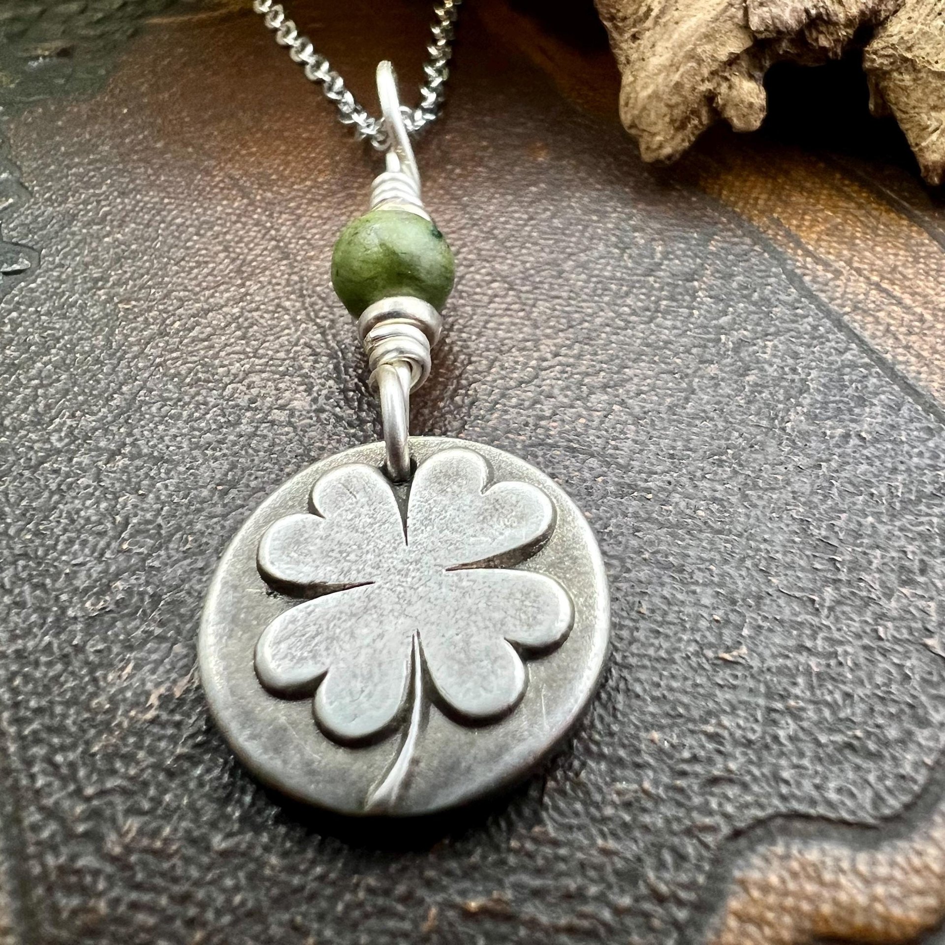 Four Leaf Clover, Sterling Silver, Wax Seal Charm, Connemara Marble, Irish Celtic Jewelry, Pagan Celtic Witch, 4 Leaf, Luck of the Irish