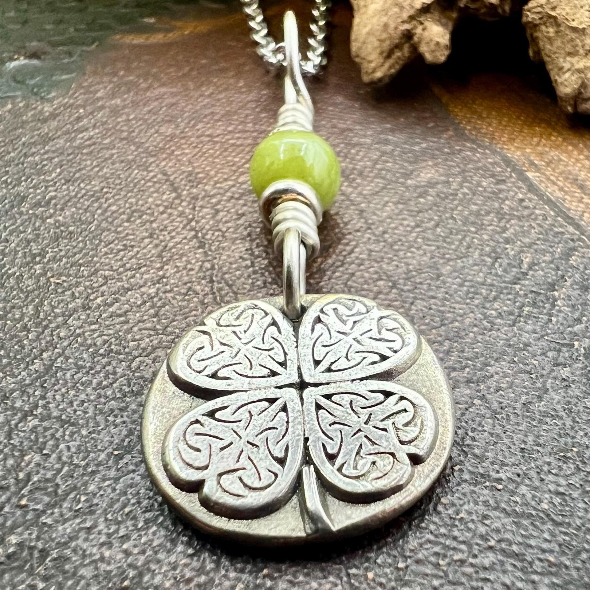 Four Leaf Clover, Sterling Silver, Wax Seal Charm, Connemara Marble, Irish Celtic Jewelry, Pagan Celtic Witch, 4 Leaf, Ireland Shamrock Gift