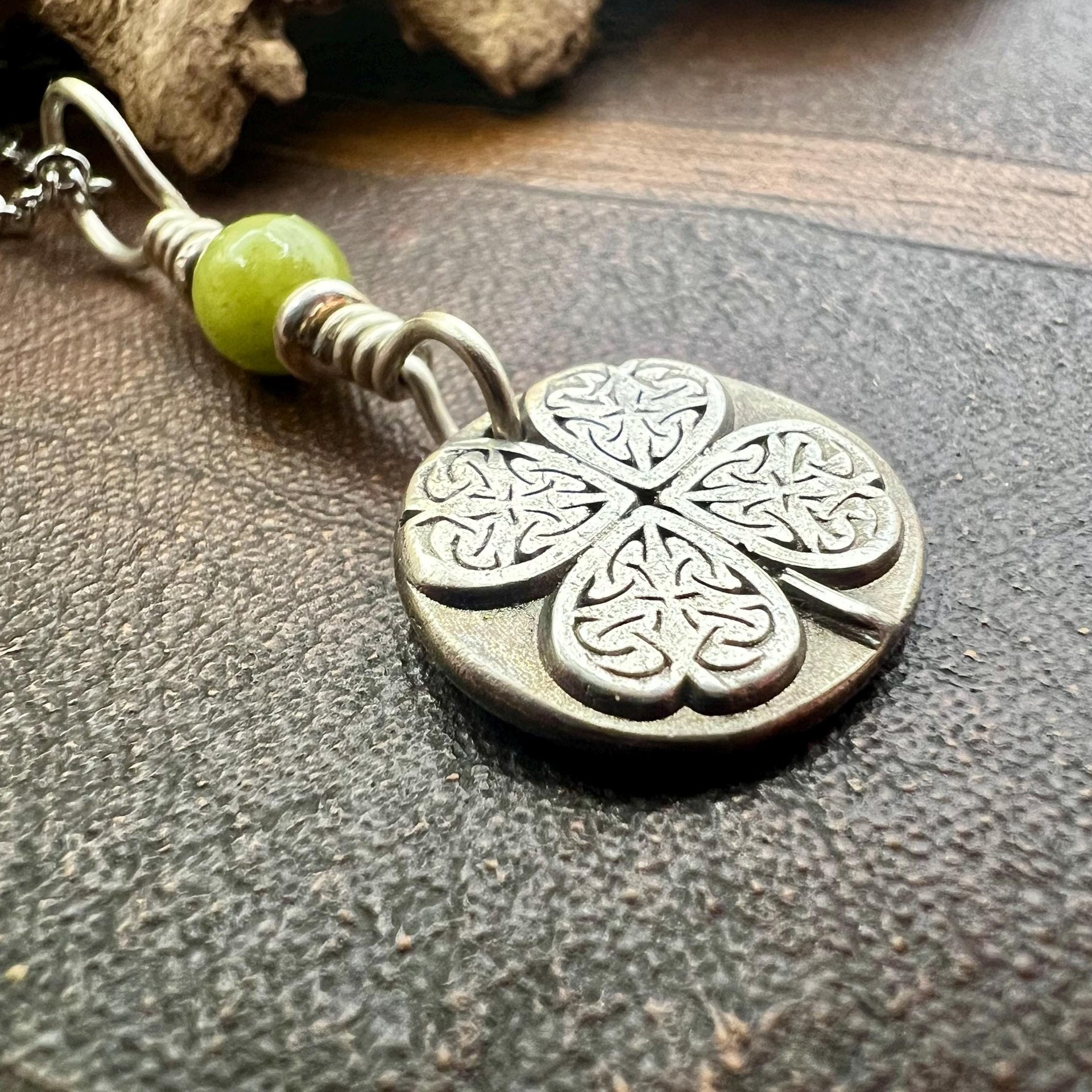 Four Leaf Clover, Sterling Silver, Wax Seal Charm, Connemara Marble, Irish Celtic Jewelry, Pagan Celtic Witch, 4 Leaf, Ireland Shamrock Gift