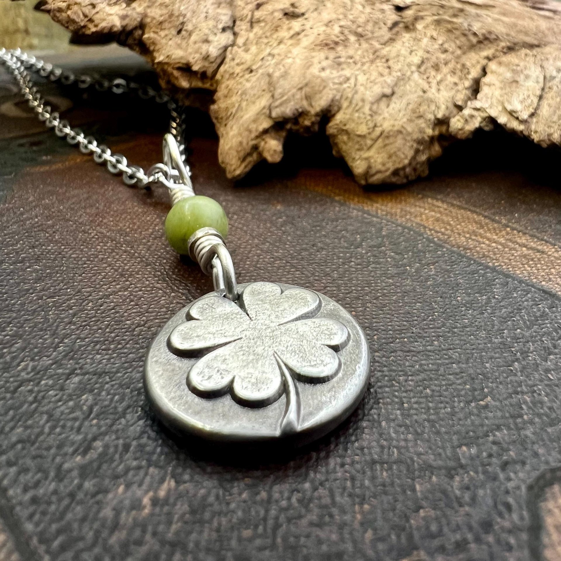 Four Leaf Clover, Sterling Silver, Wax Seal Charm, Connemara Marble, Irish Celtic Jewelry, Pagan Celtic Witch, 4 Leaf, Luck of the Irish