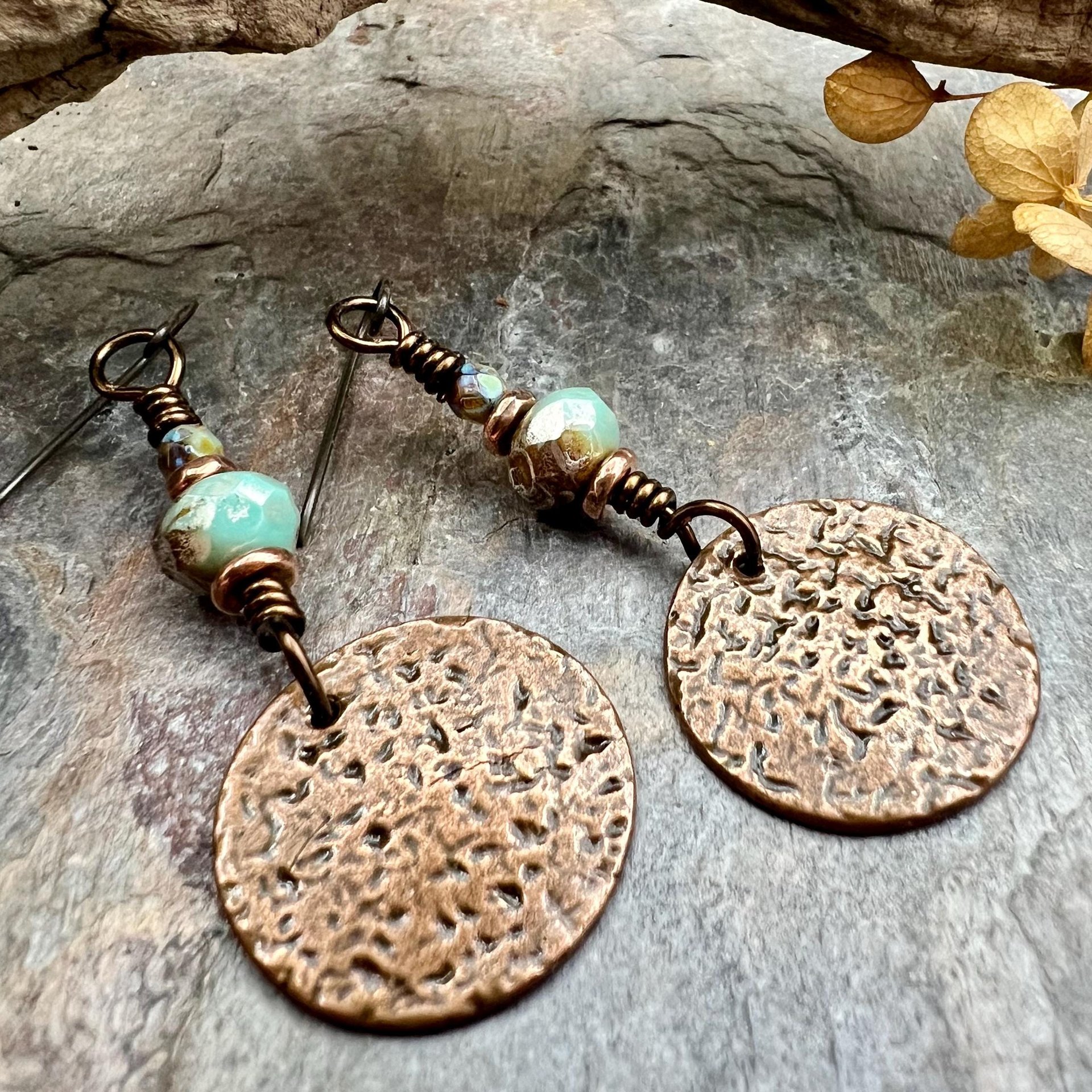 Copper Disc Earrings, Czech Glass Beads, Hypoallergenic Ear Wires, Earthy Tribal, Boho Chic Style, Dangle Discs, Soul Harbor Jewelry