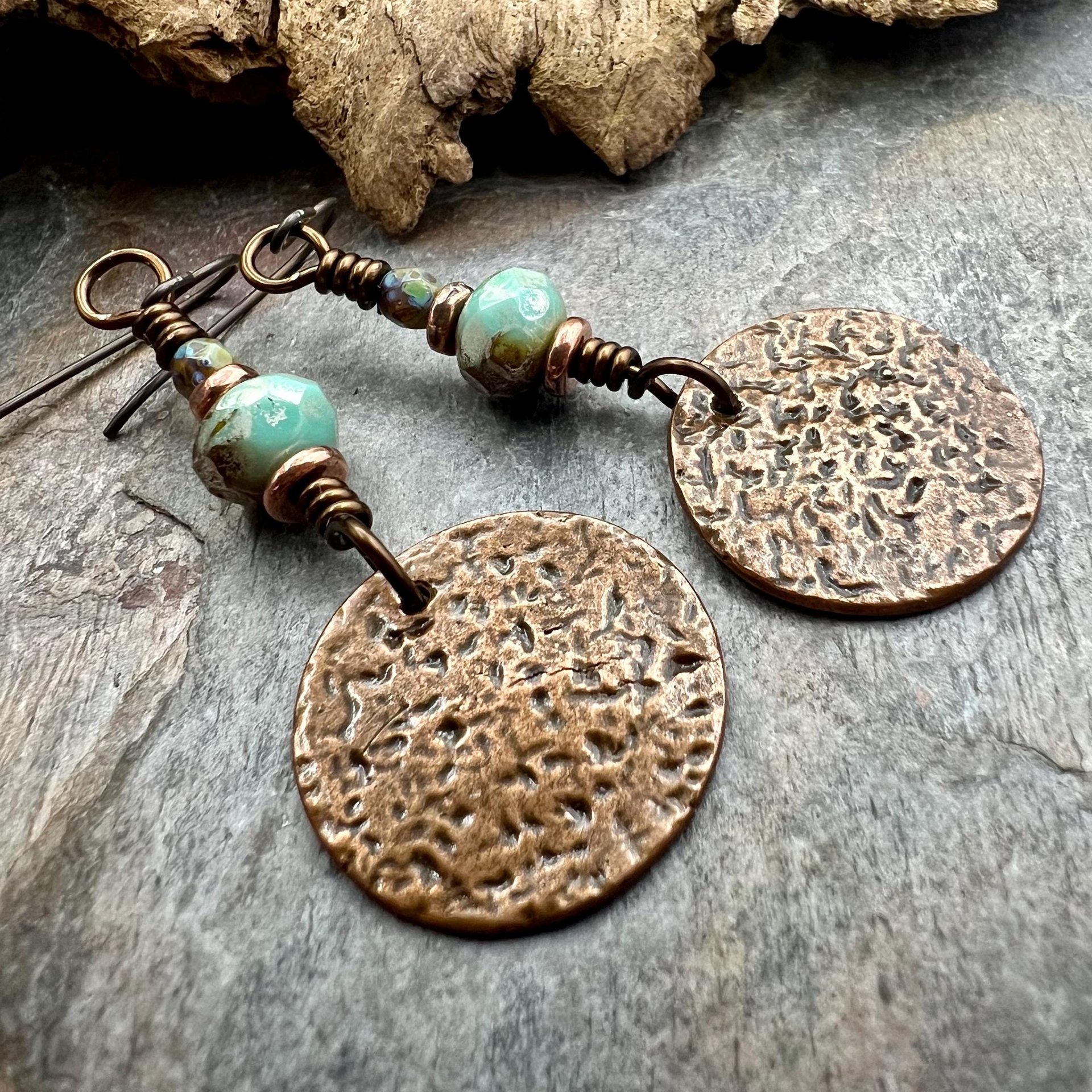 Copper Disc Earrings, Czech Glass Beads, Hypoallergenic Ear Wires, Earthy Tribal, Boho Chic Style, Dangle Discs, Soul Harbor Jewelry