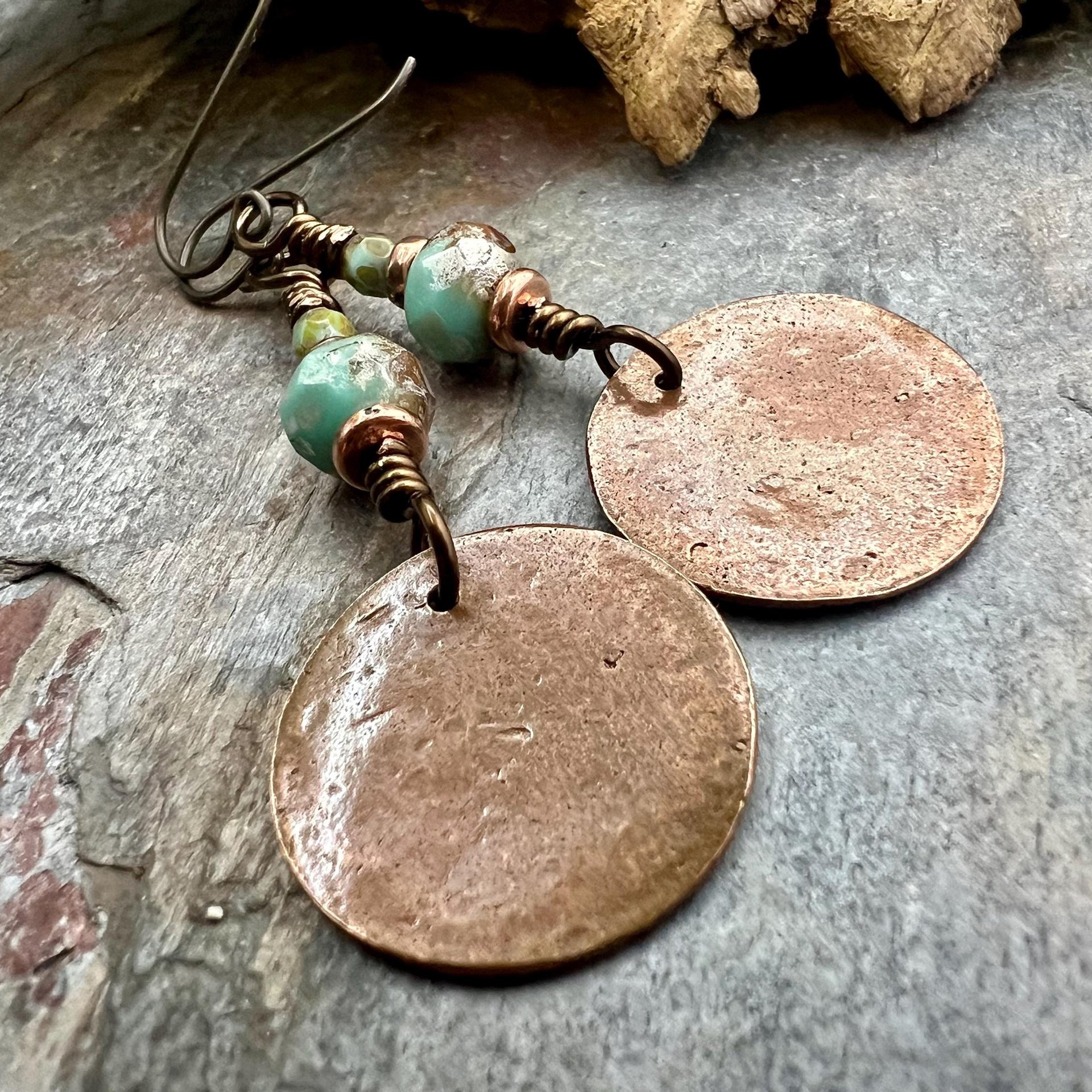 Copper Disc Earrings, Czech Glass Beads, Hypoallergenic Ear Wires, Earthy Tribal, Boho Chic Style, Dangle Discs, Soul Harbor Jewelry
