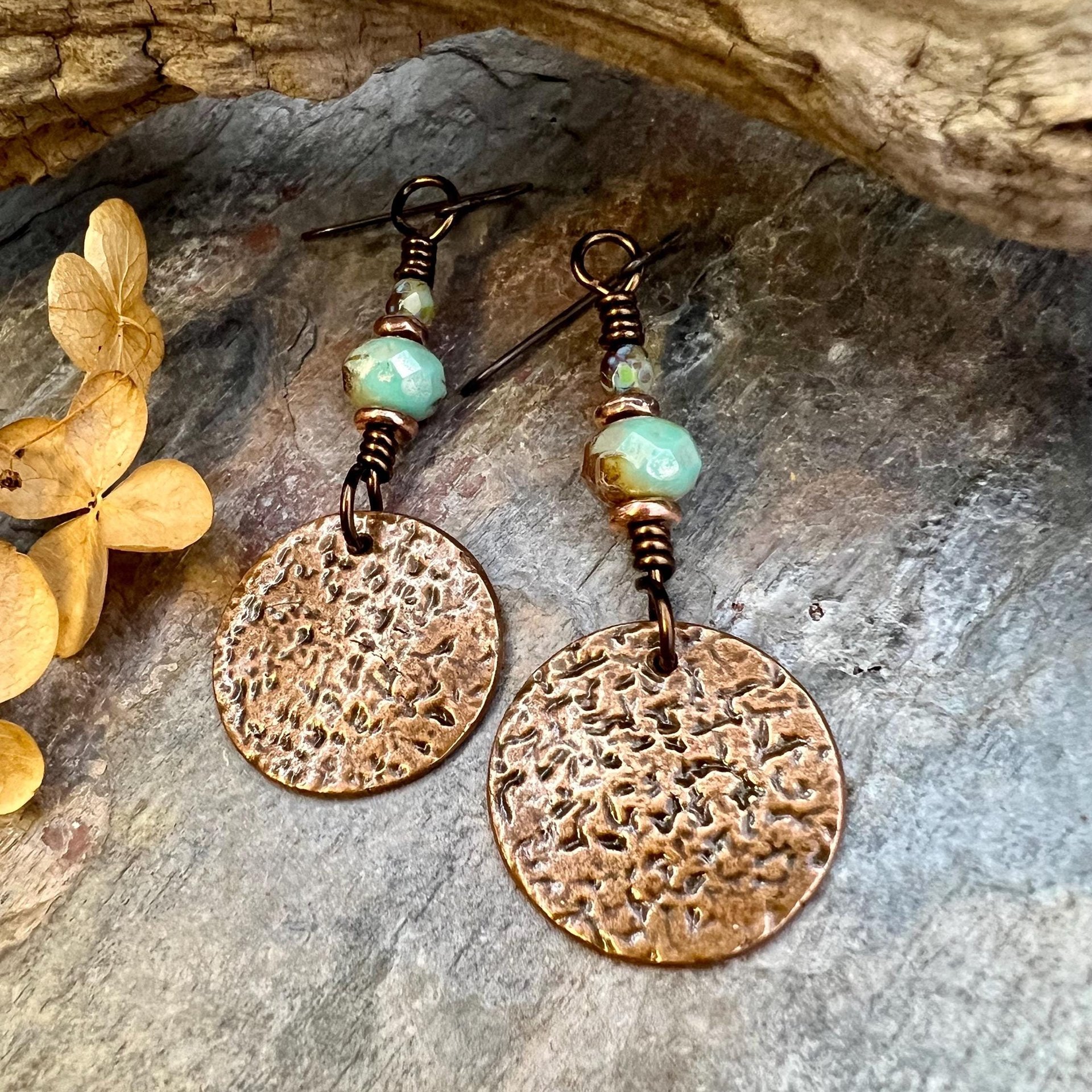 Copper Disc Earrings, Czech Glass Beads, Hypoallergenic Ear Wires, Earthy Tribal, Boho Chic Style, Dangle Discs, Soul Harbor Jewelry
