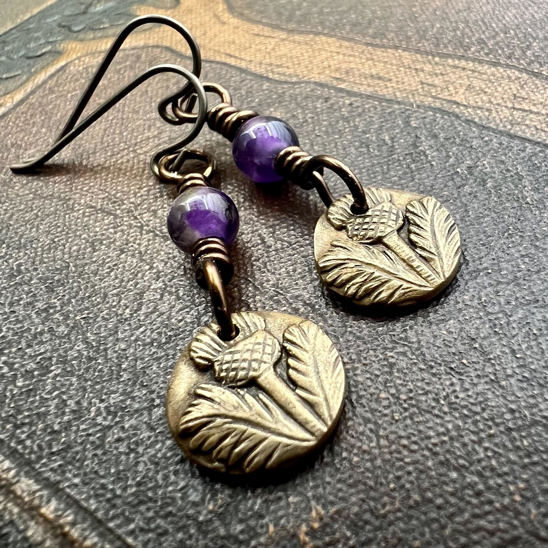 Scottish Thistle Earrings, Outlander Jewelry, Bronze Anniversary, Gifts for Her, Scotland Gifts, Amethyst Beaded Earrings