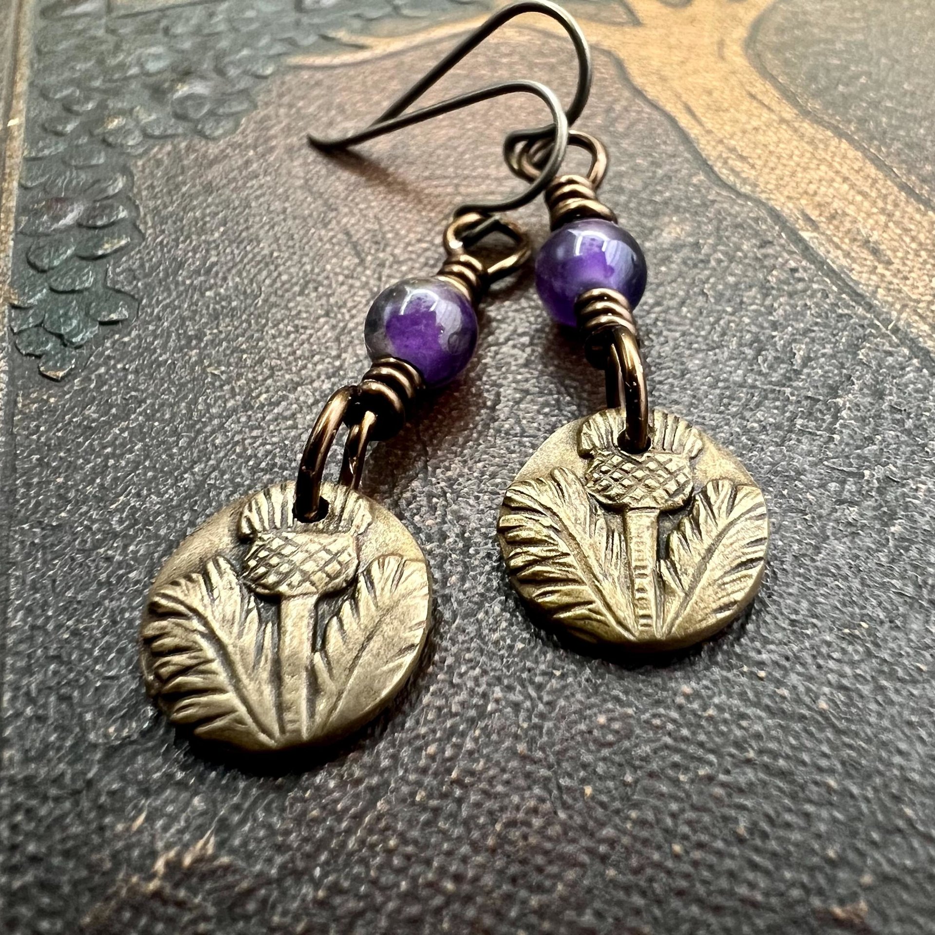 Scottish Thistle Earrings, Outlander Jewelry, Bronze Anniversary, Gifts for Her, Scotland Gifts, Amethyst Beaded Earrings