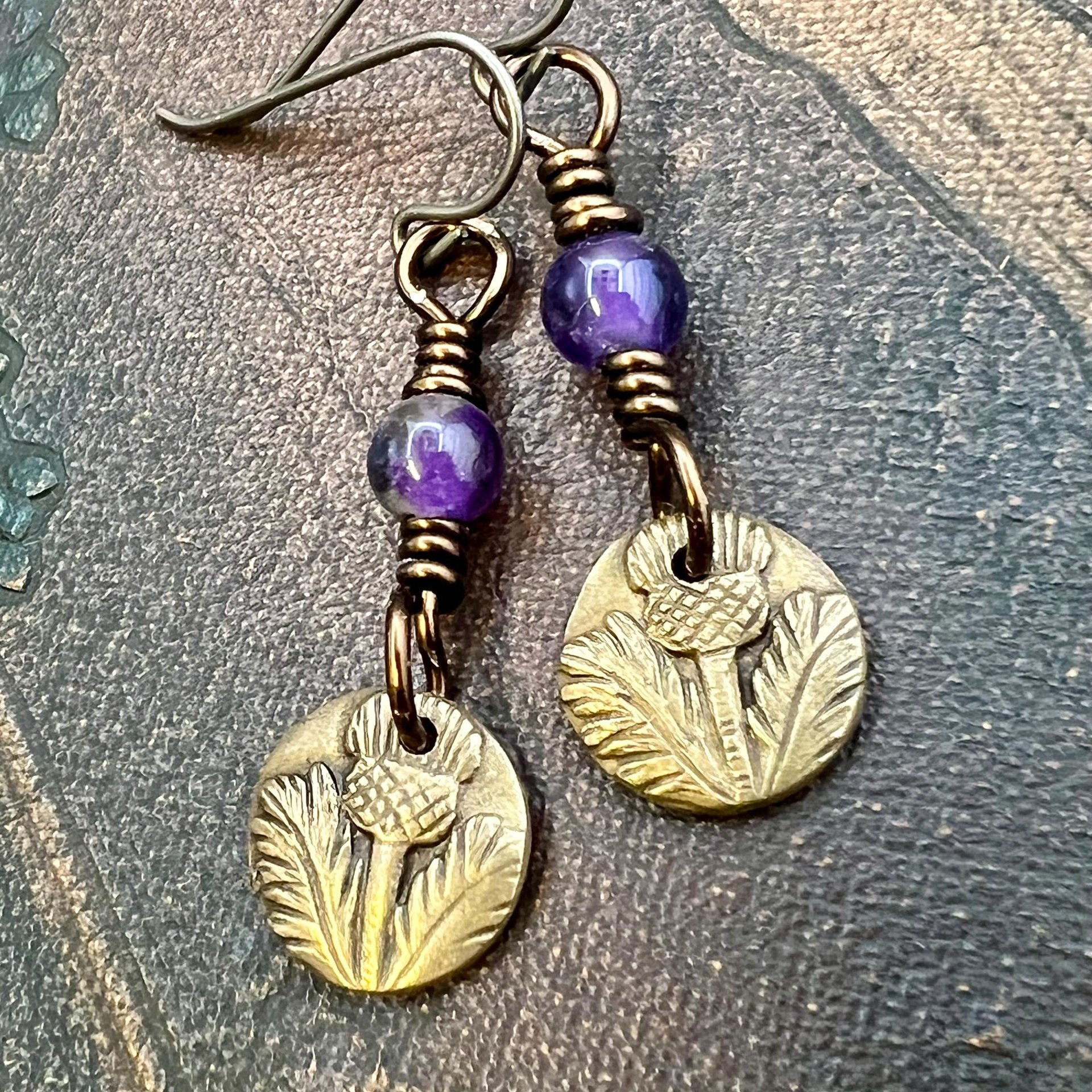 Scottish Thistle Earrings, Outlander Jewelry, Bronze Anniversary, Gifts for Her, Scotland Gifts, Amethyst Beaded Earrings