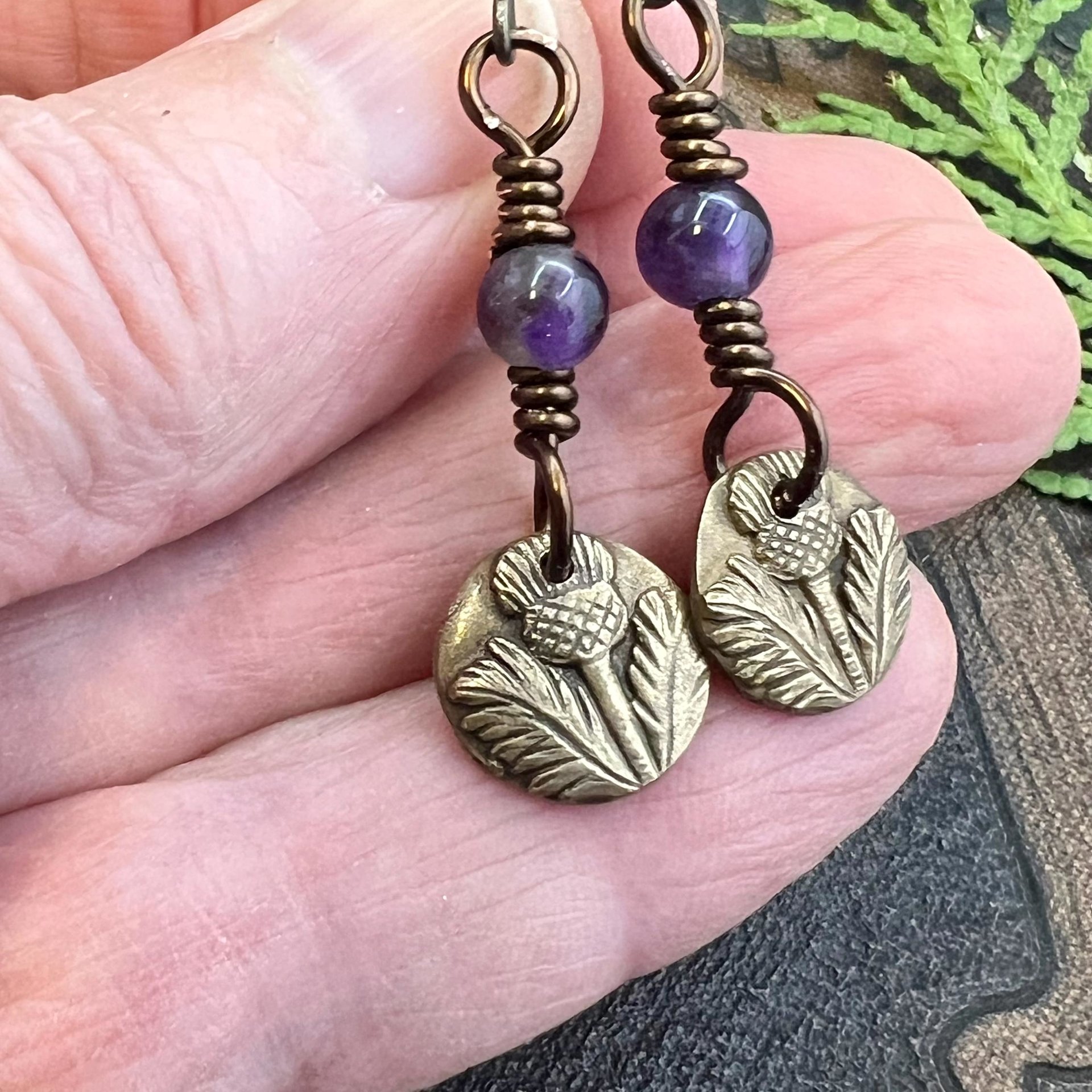 Scottish Thistle Earrings, Outlander Jewelry, Bronze Anniversary, Gifts for Her, Scotland Gifts, Amethyst Beaded Earrings
