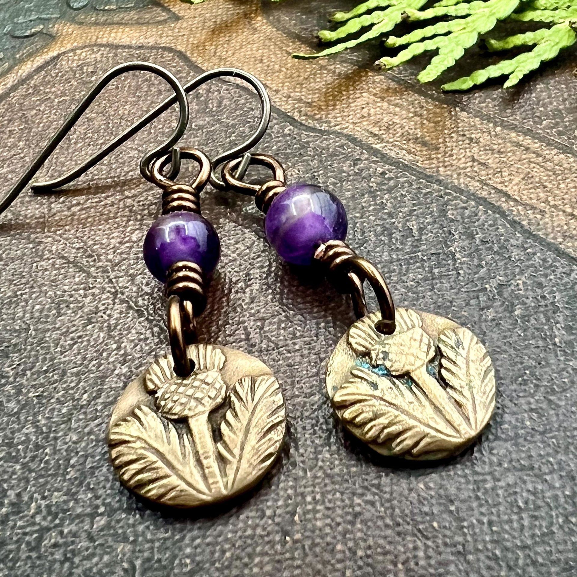 Scottish Thistle Earrings, Outlander Jewelry, Bronze Anniversary, Gifts for Her, Scotland Gifts, Amethyst Beaded Earrings