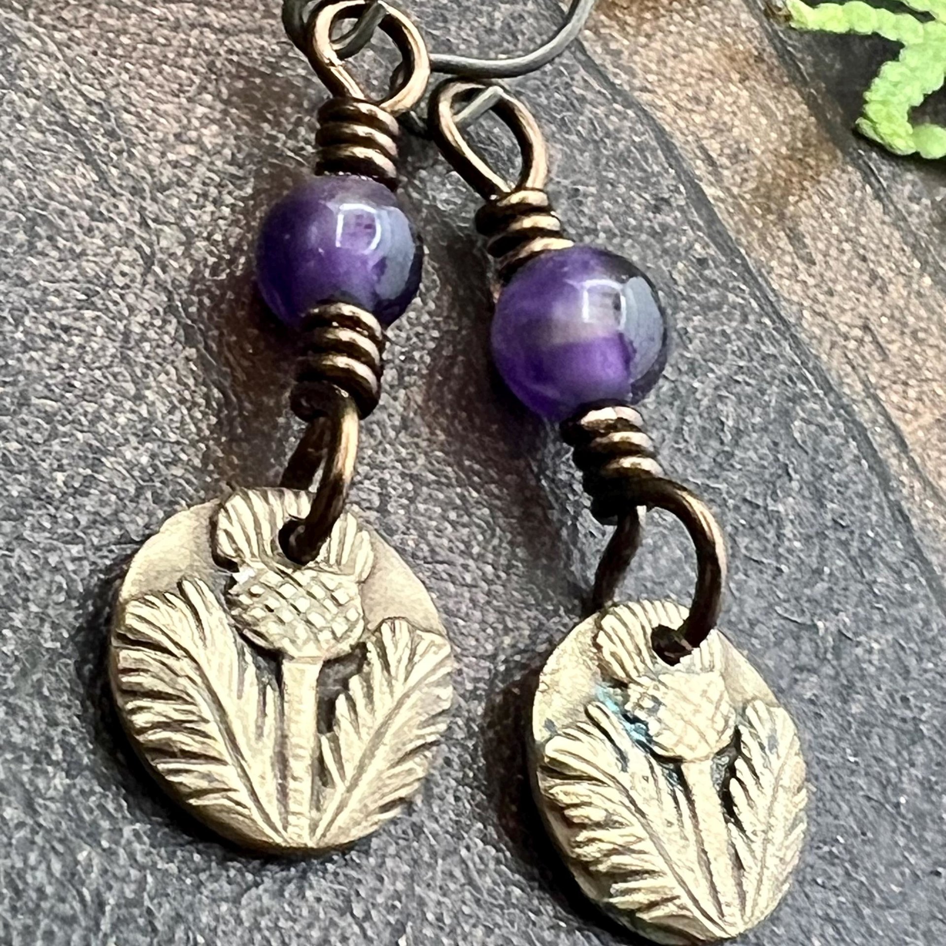 Scottish Thistle Earrings, Outlander Jewelry, Bronze Anniversary, Gifts for Her, Scotland Gifts, Amethyst Beaded Earrings