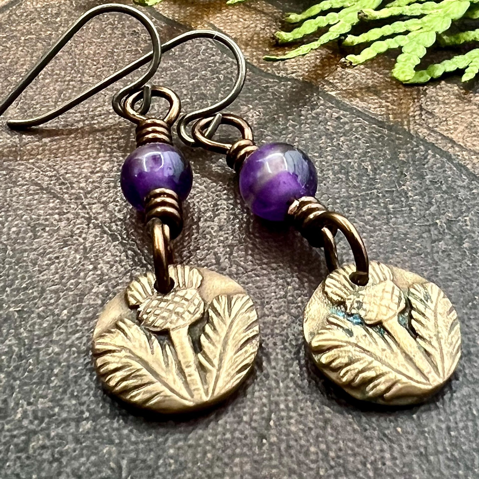 Scottish Thistle Earrings, Outlander Jewelry, Bronze Anniversary, Gifts for Her, Scotland Gifts, Amethyst Beaded Earrings