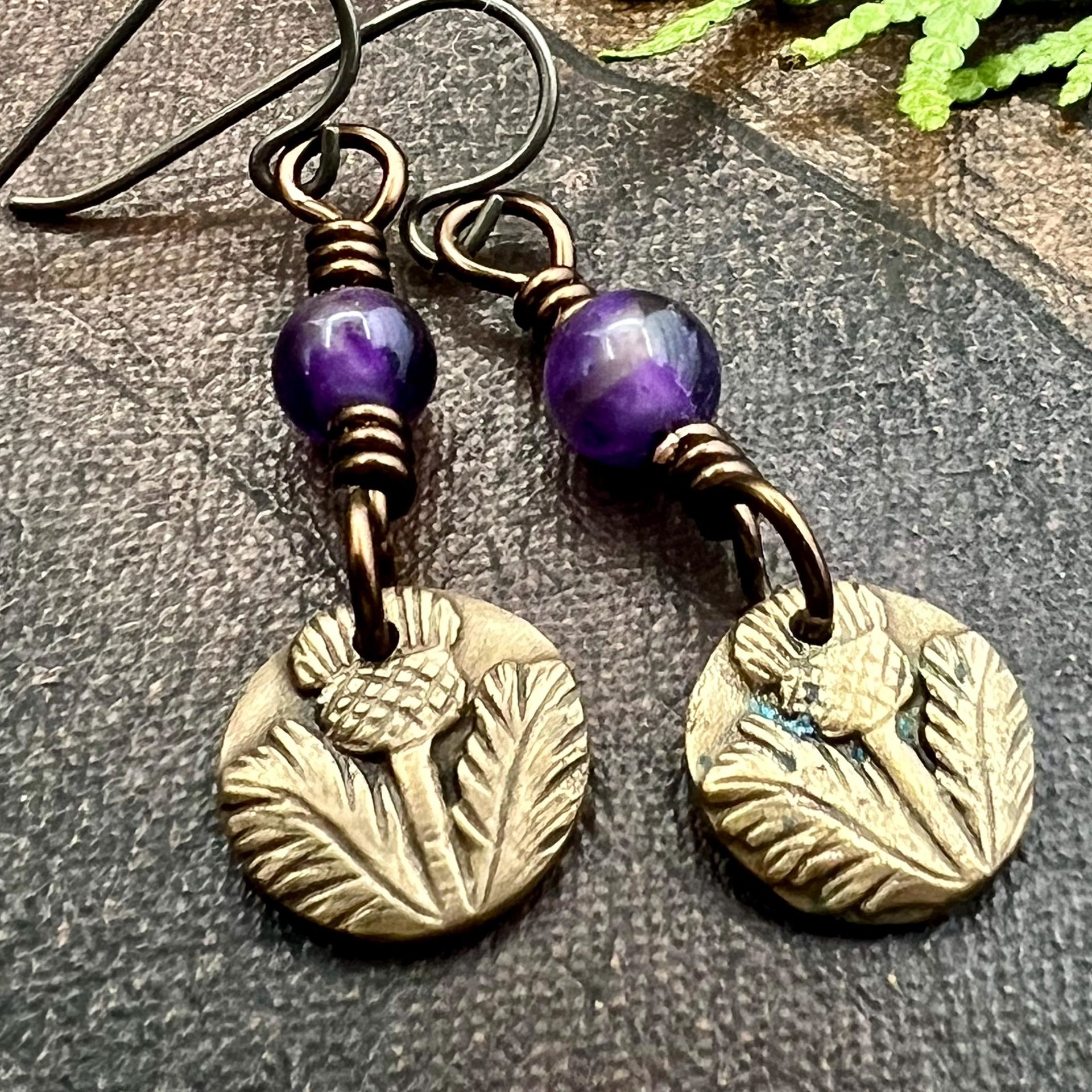 Scottish Thistle Earrings, Outlander Jewelry, Bronze Anniversary, Gifts for Her, Scotland Gifts, Amethyst Beaded Earrings