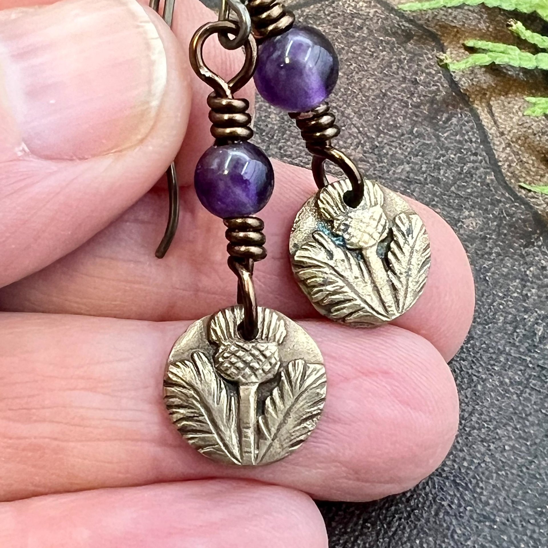 Scottish Thistle Earrings, Outlander Jewelry, Bronze Anniversary, Gifts for Her, Scotland Gifts, Amethyst Beaded Earrings