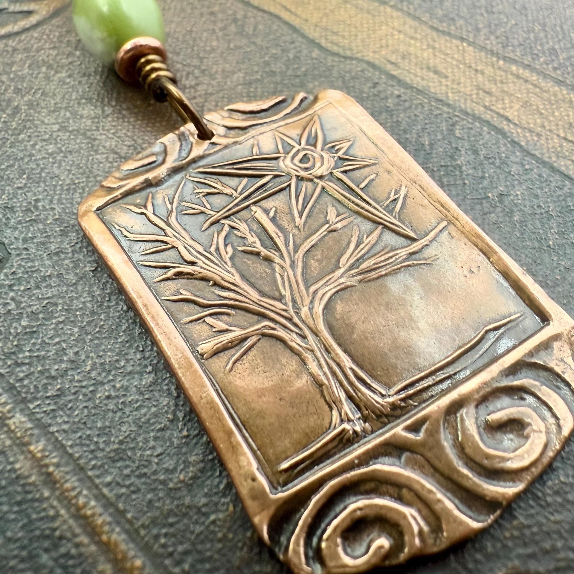 Copper Tree Sun Pendant, Connemara Marble Bead, Irish Celtic Spirals, Leather & Vegan Cords, Druid Pagan, Celtic Green Witch, Handmade Art