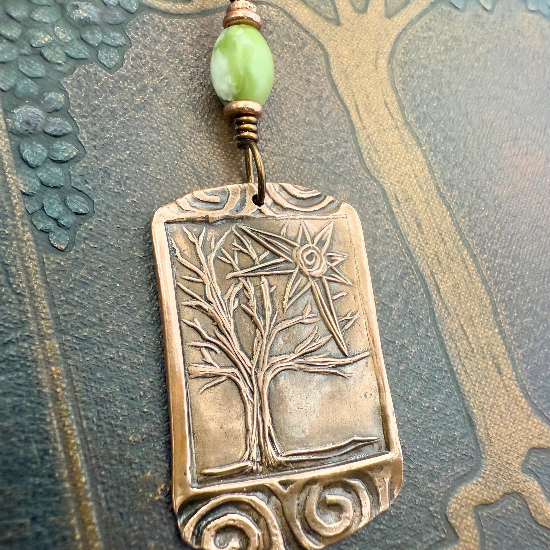 Copper Tree Sun Pendant, Connemara Marble Bead, Irish Celtic Spirals, Leather & Vegan Cords, Druid Pagan, Celtic Green Witch, Handmade Art