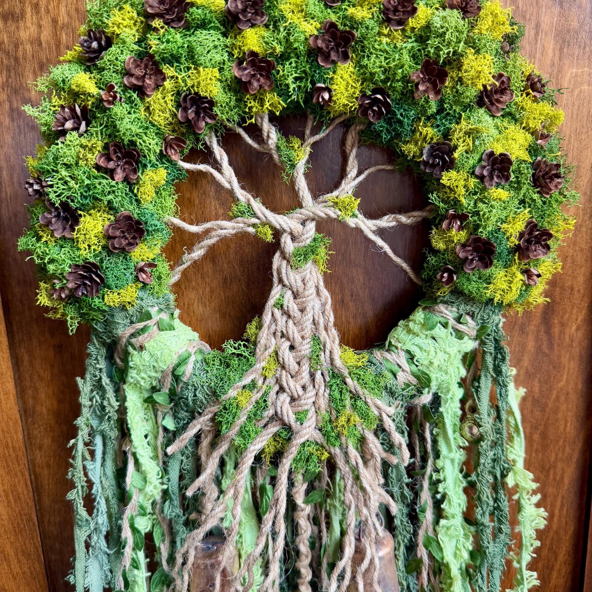 Tree of Life Witch Bells, 9 Inch Mossy Wreath, Spring Ostara Decor, Housewarming Gifts, Spirit Altar Bells, Earthy Pagan, MADE TO ORDER