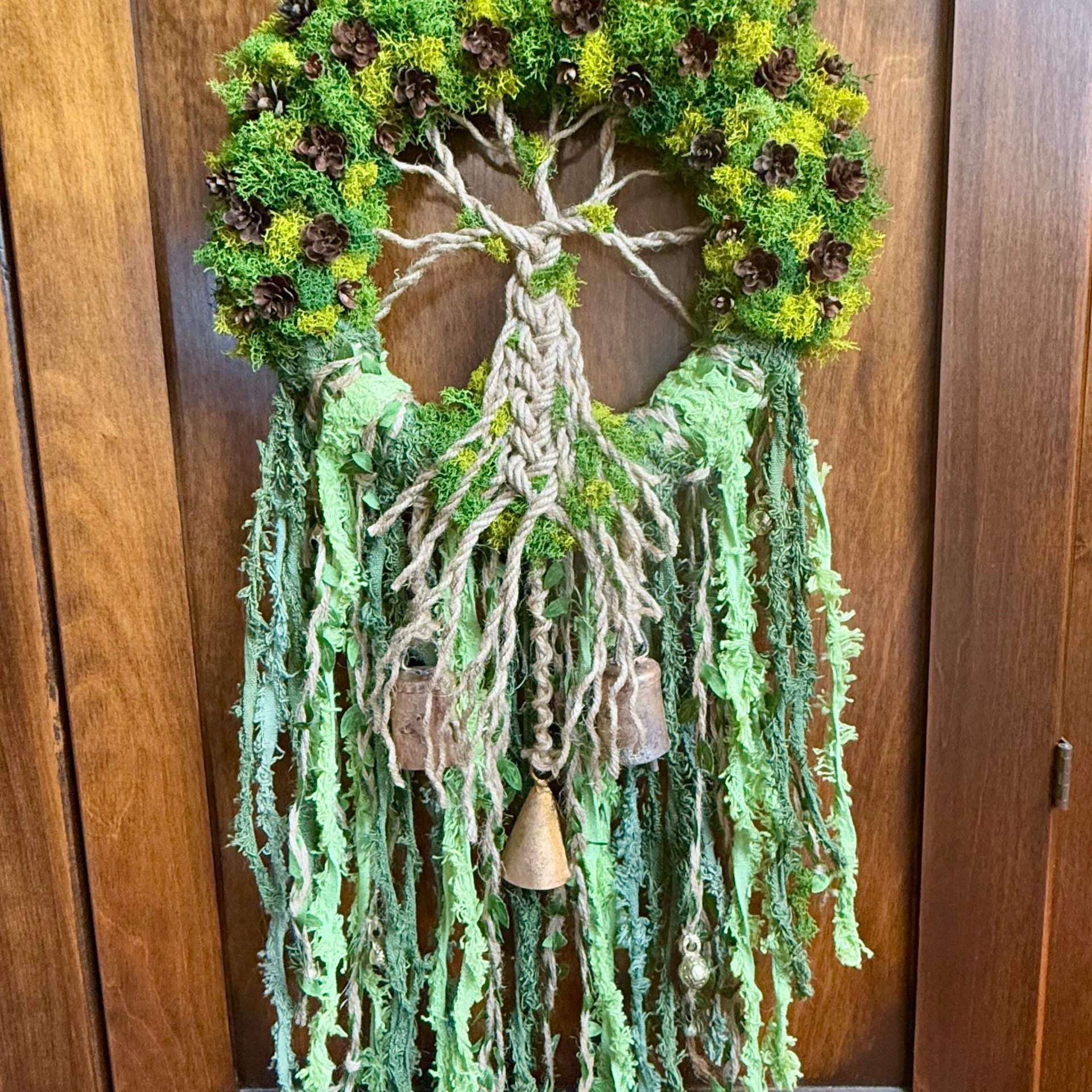 Tree of Life Witch Bells, 9 Inch Mossy Wreath, Spring Ostara Decor, Housewarming Gifts, Spirit Altar Bells, Earthy Pagan, MADE TO ORDER