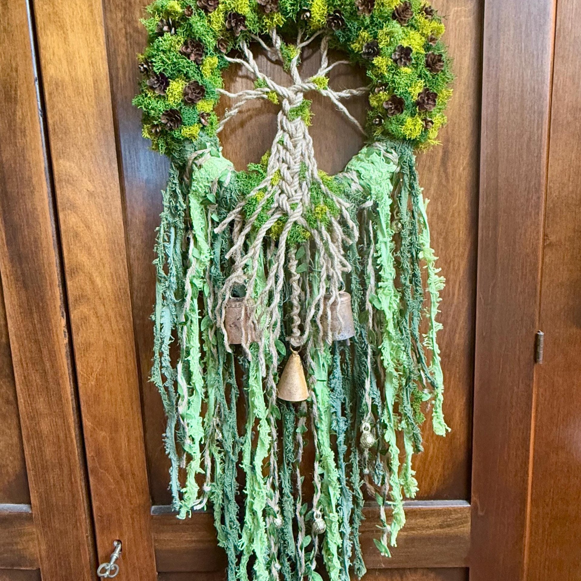 Tree of Life Witch Bells, 9 Inch Mossy Wreath, Spring Ostara Decor, Housewarming Gifts, Spirit Altar Bells, Earthy Pagan, MADE TO ORDER