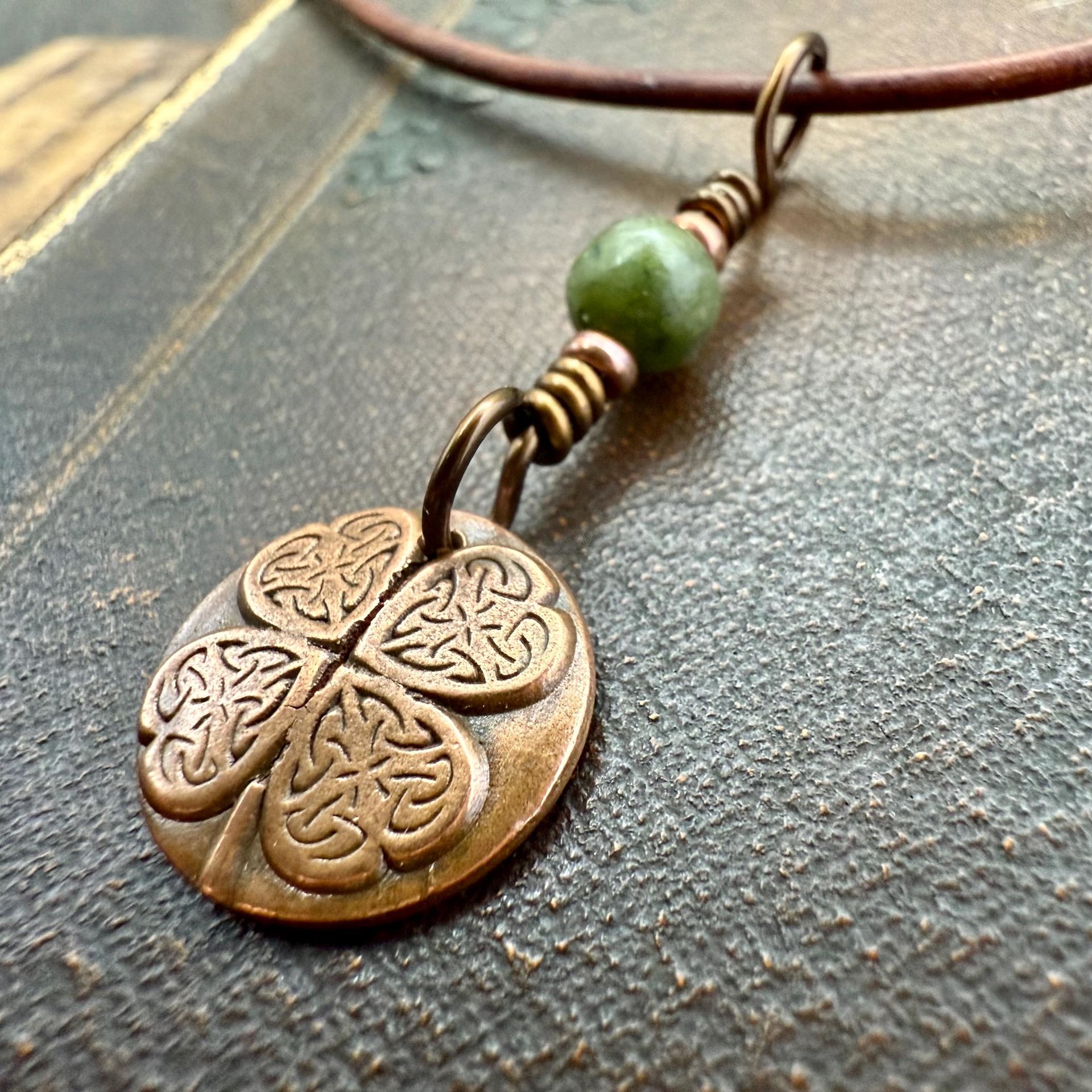 Four Leaf Clover with Hearts, Copper Wax Seal Charm, Connemara Marble, Irish Celtic Jewelry, 4 Leaf Clover, Lucky Love Charm, Valentine