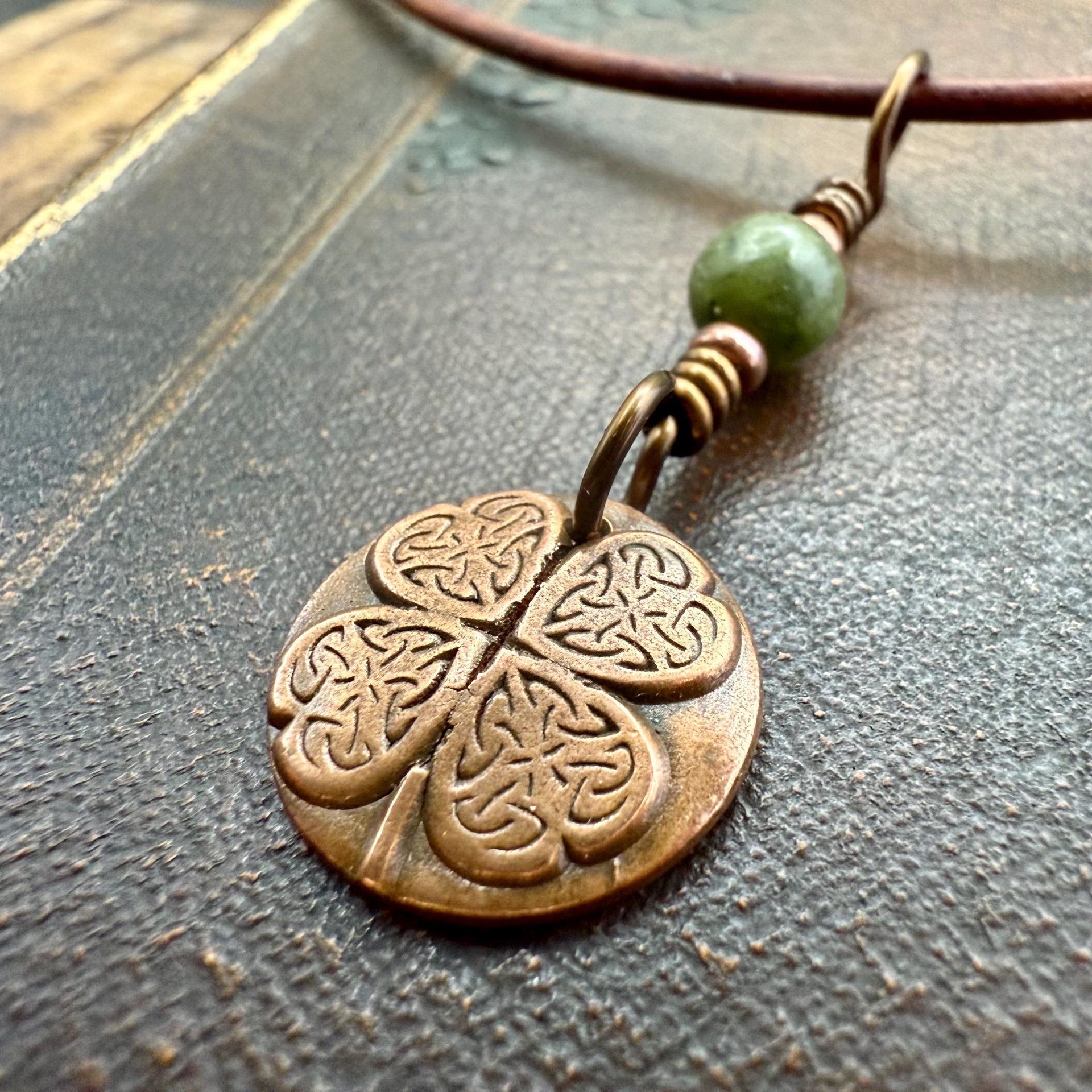 Four Leaf Clover with Hearts, Copper Wax Seal Charm, Connemara Marble, Irish Celtic Jewelry, 4 Leaf Clover, Lucky Love Charm, Valentine