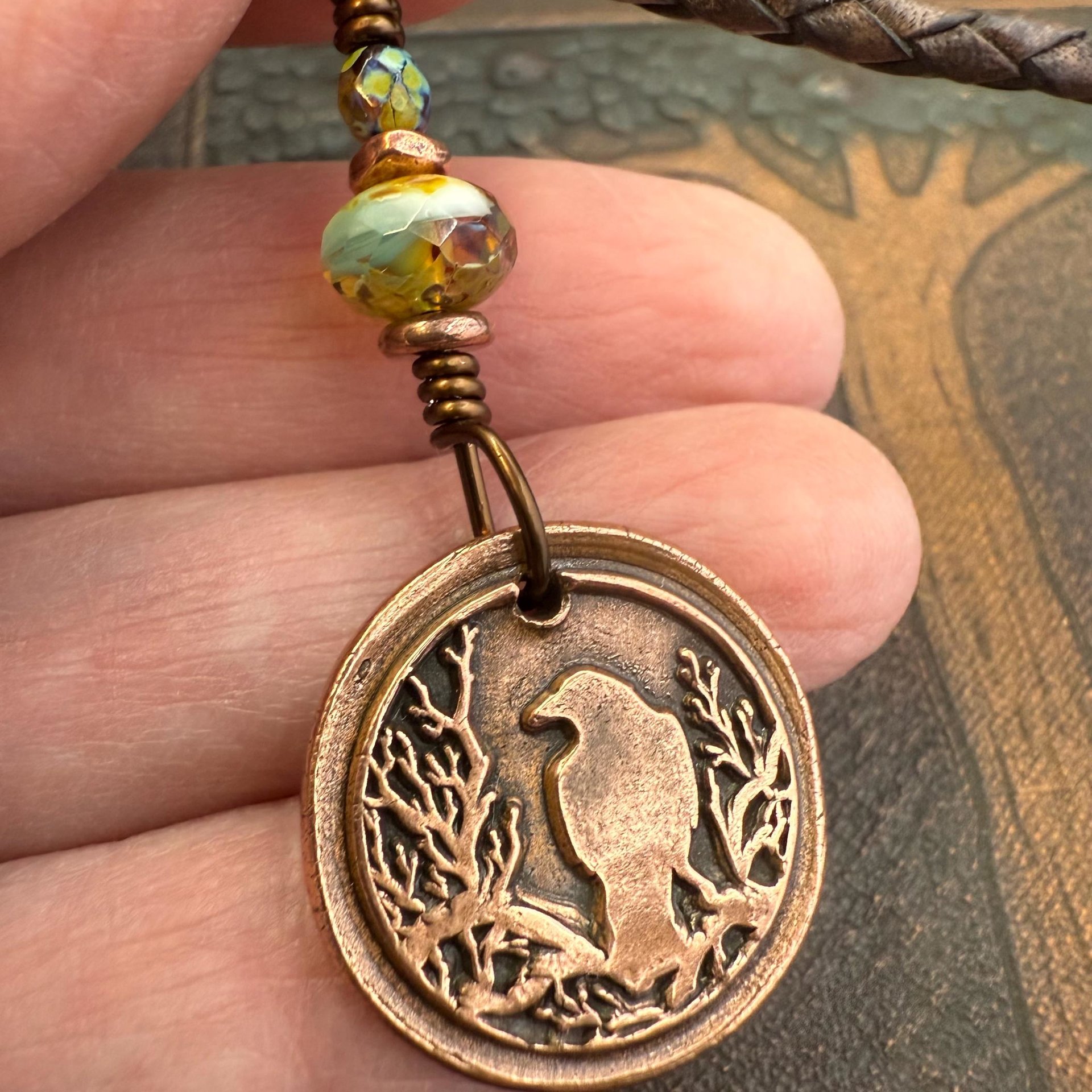 Copper Raven, Wax Seal Charm, Irish Celtic, Czech Glass, Leather & Vegan Cords, Crow Corvid, Handmade Art Jewelry, Celtic Witch, Messengers