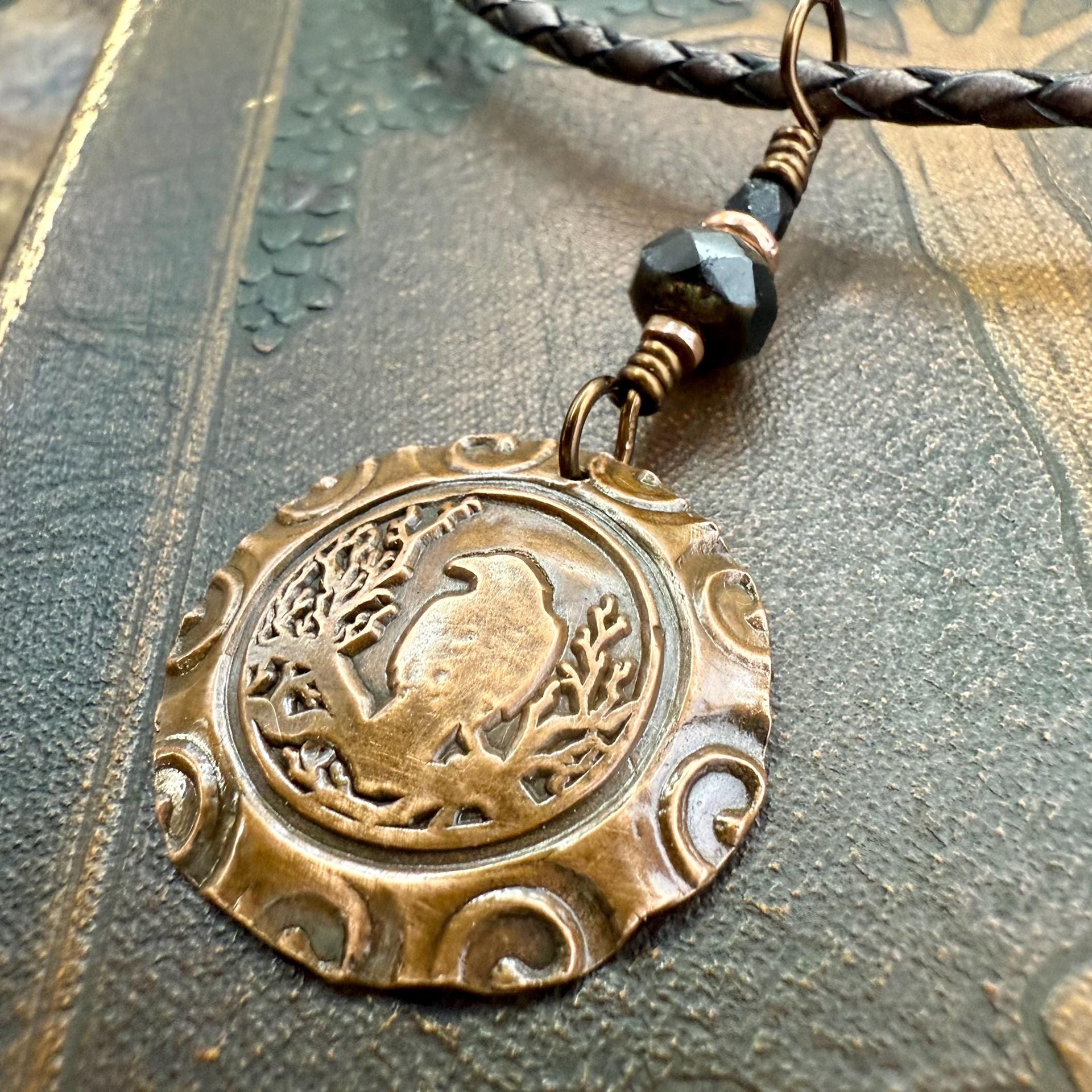 Copper Raven, Wax Seal Charm, Irish Celtic, Czech Glass, Leather & Vegan Cords, Crow Corvid, Handmade Art Jewelry, Celtic Witch, Messengers