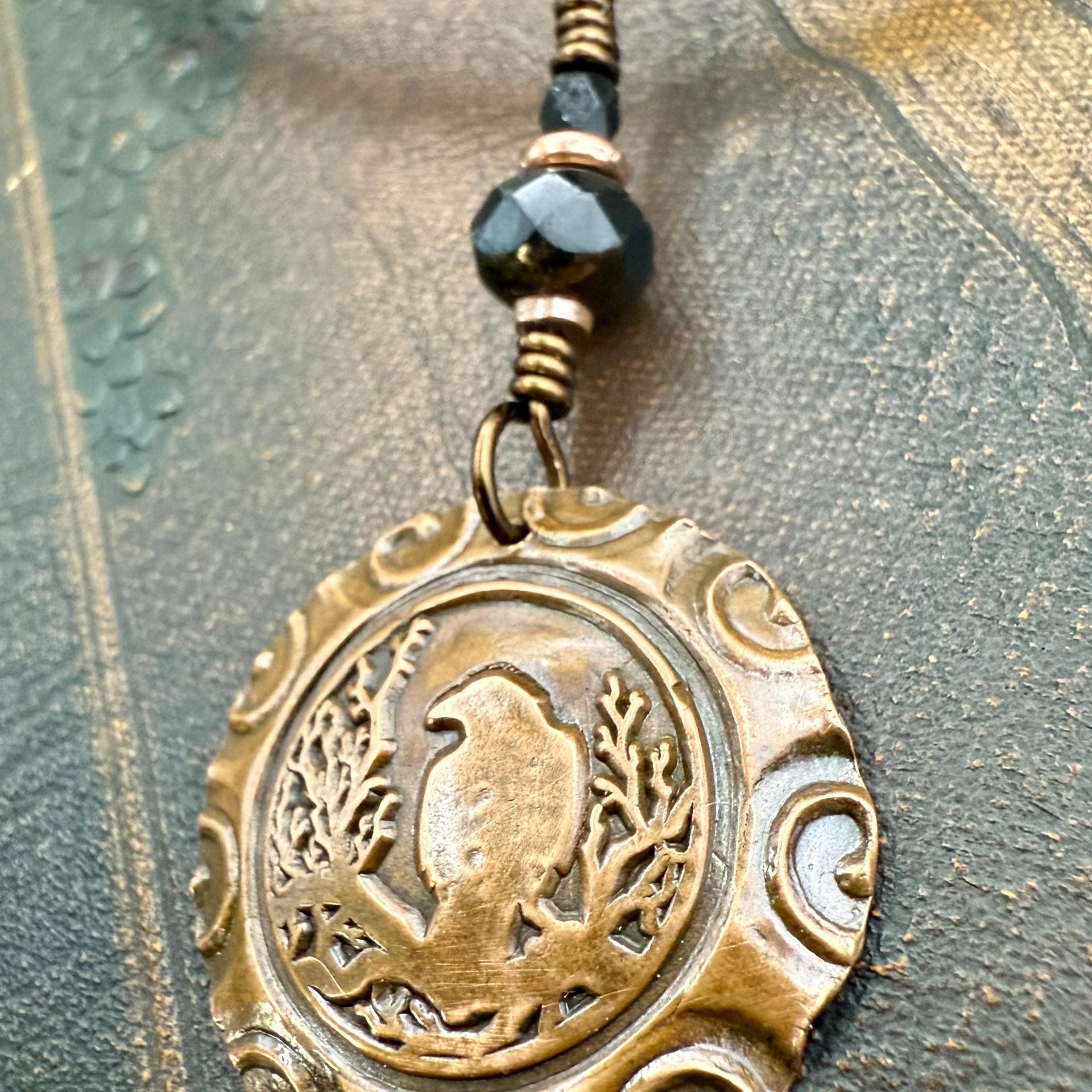 Copper Raven, Wax Seal Charm, Irish Celtic, Czech Glass, Leather & Vegan Cords, Crow Corvid, Handmade Art Jewelry, Celtic Witch, Messengers
