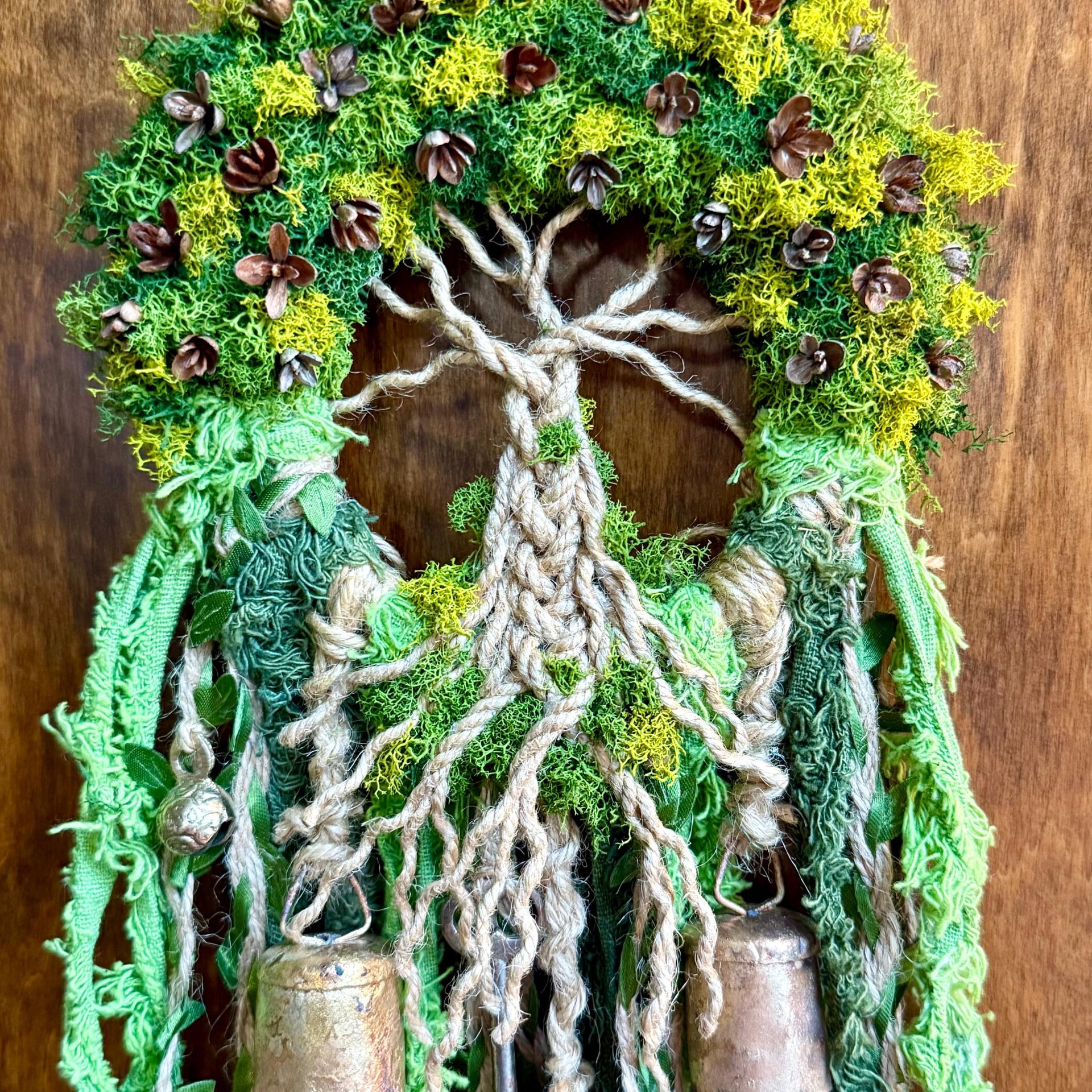 Tree of Life Witch Bells, Home & Door Protection, Doorknob, 5 Inch Mossy Wreath, Housewarming Gifts, Spirit Altar Bells, Recycled Ribbons