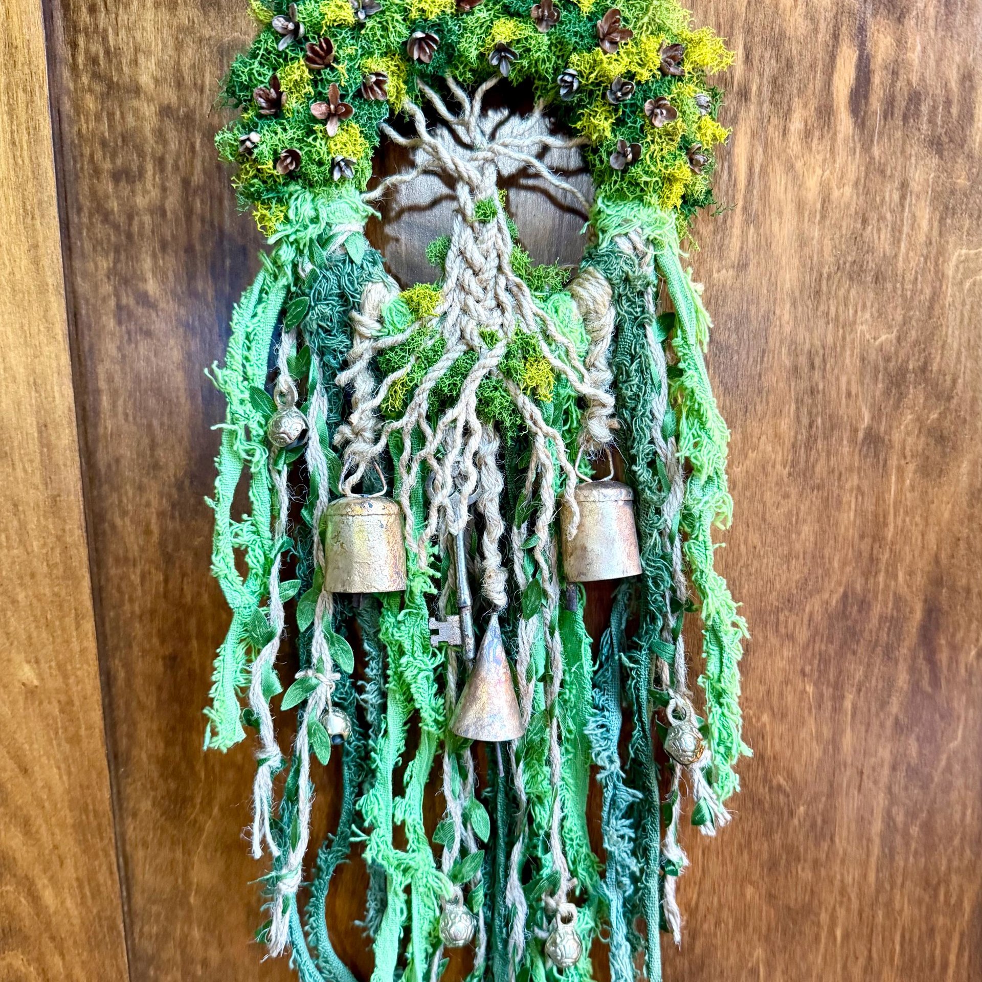 Tree of Life Witch Bells, Home & Door Protection, Doorknob, 5 Inch Mossy Wreath, Housewarming Gifts, Spirit Altar Bells, Recycled Ribbons