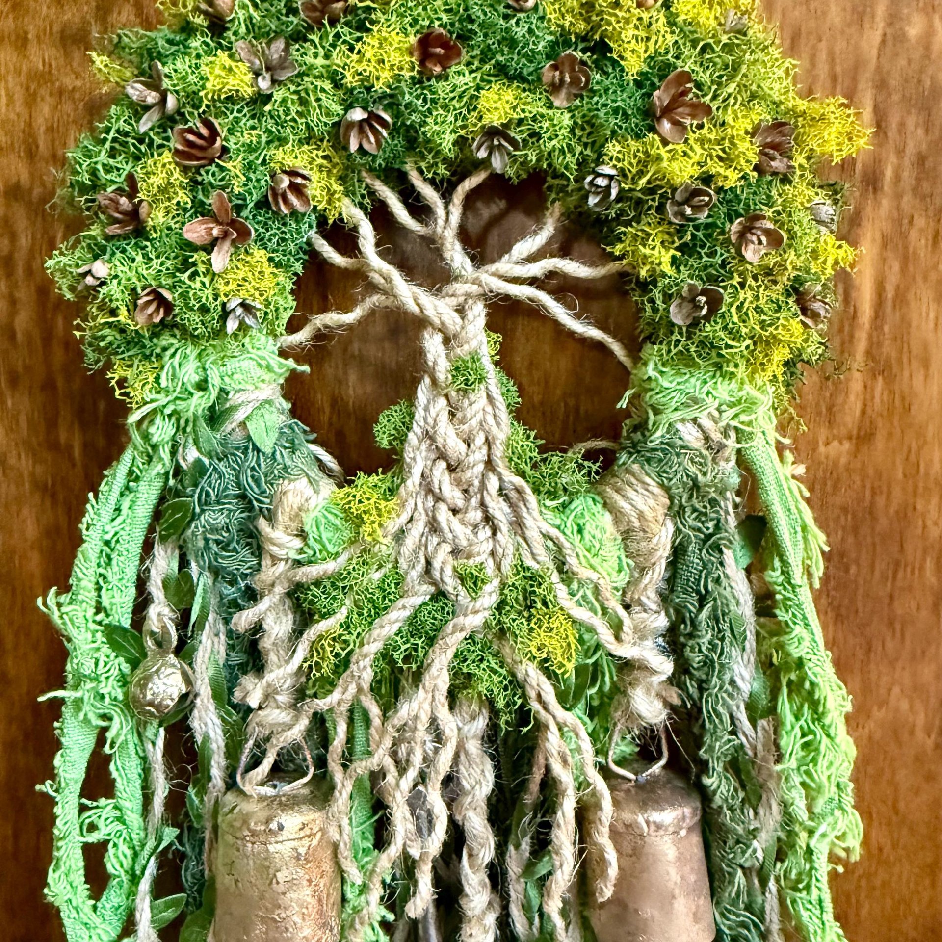 Tree of Life Witch Bells, Home & Door Protection, Doorknob, 5 Inch Mossy Wreath, Housewarming Gifts, Spirit Altar Bells, Recycled Ribbons