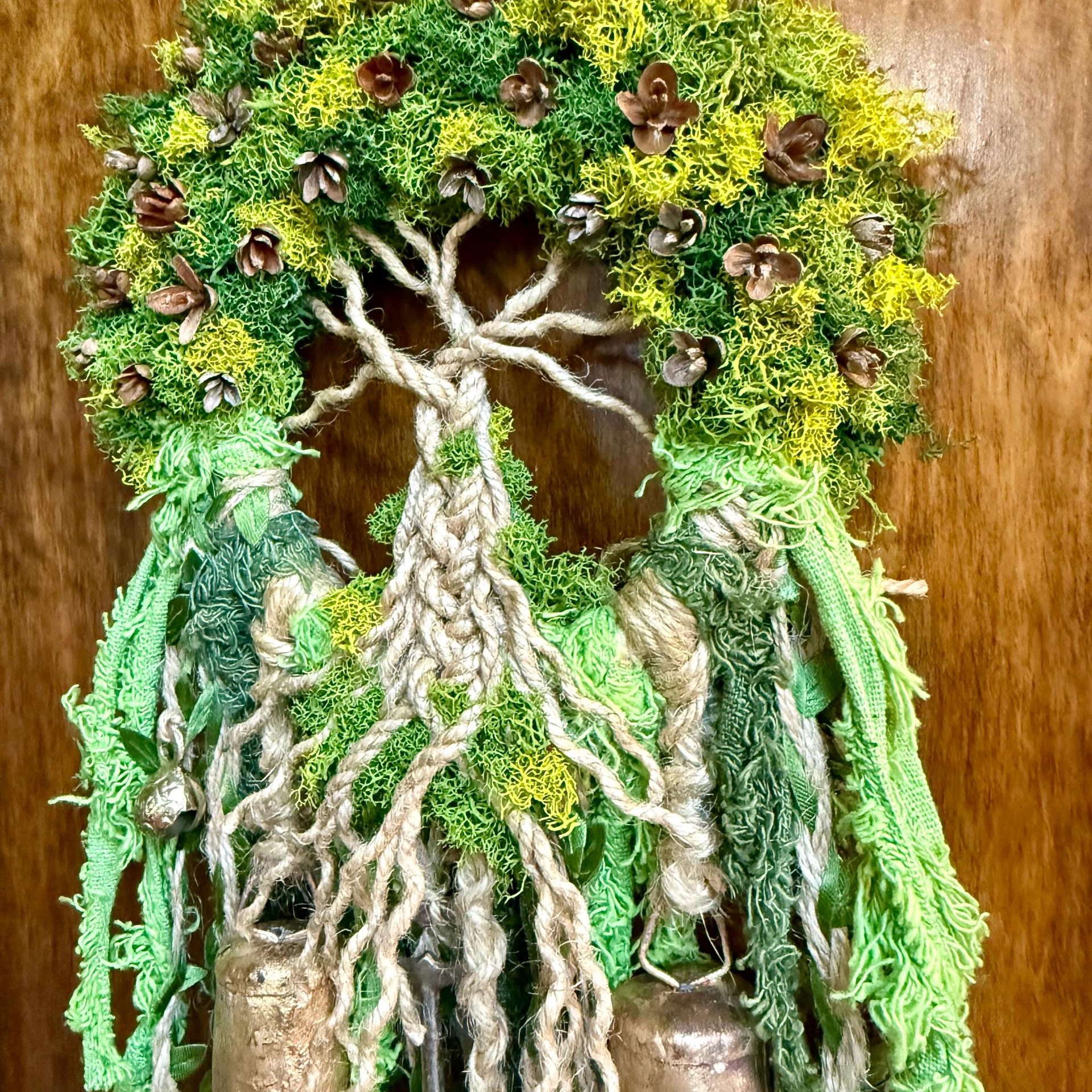 Tree of Life Witch Bells, Home & Door Protection, Doorknob, 5 Inch Mossy Wreath, Housewarming Gifts, Spirit Altar Bells, Recycled Ribbons