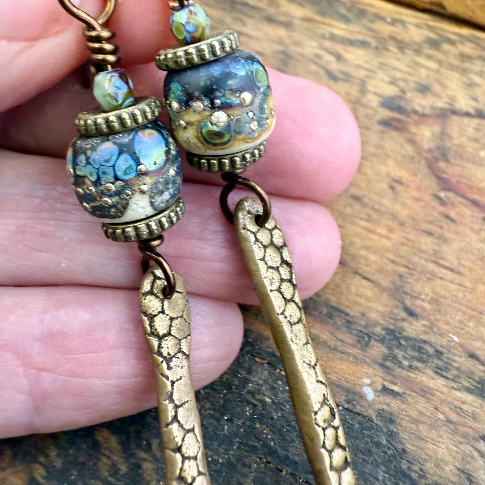 Bronze Dagger Earrings, Lampwork Raku Beads, Coral Textures, Hypoallergenic Ear Wires, Rustic Earthy, Art Jewelry, Long Skinny Earrings