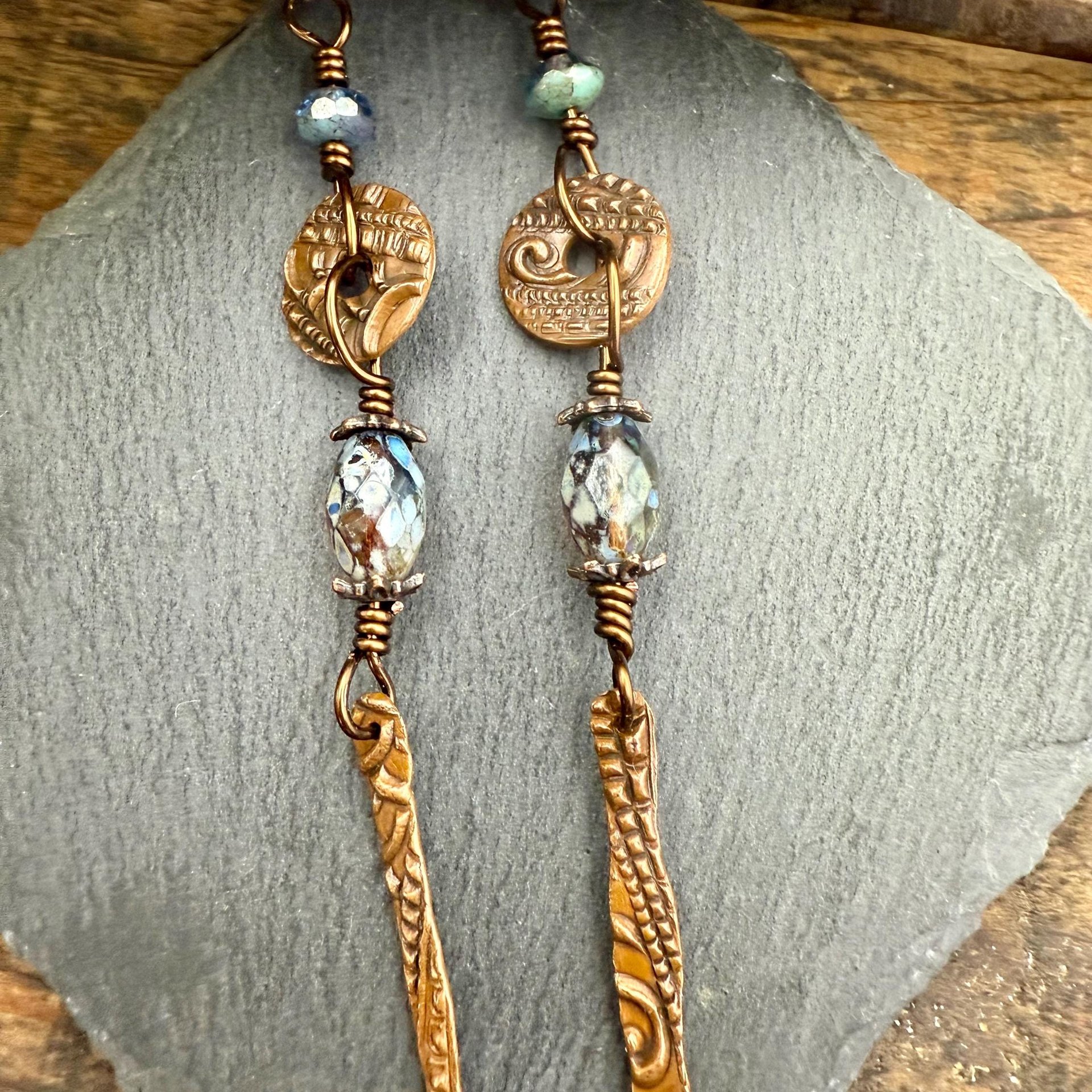 Copper Dangle Drop Earrings, Long Statement Earrings, Czech Glass Beads, Copper and Blue, Hypoallergenic Niobium Ear Wires, Earthy Primitive