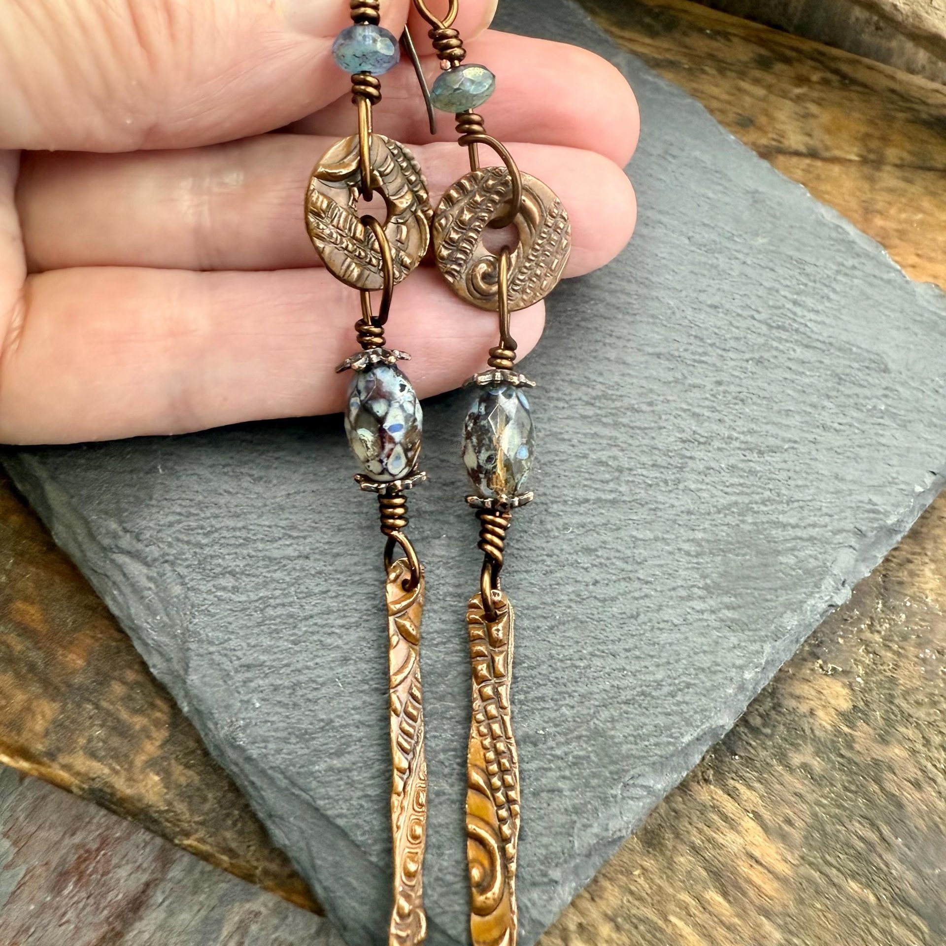 Copper Dangle Drop Earrings, Long Statement Earrings, Czech Glass Beads, Copper and Blue, Hypoallergenic Niobium Ear Wires, Earthy Primitive
