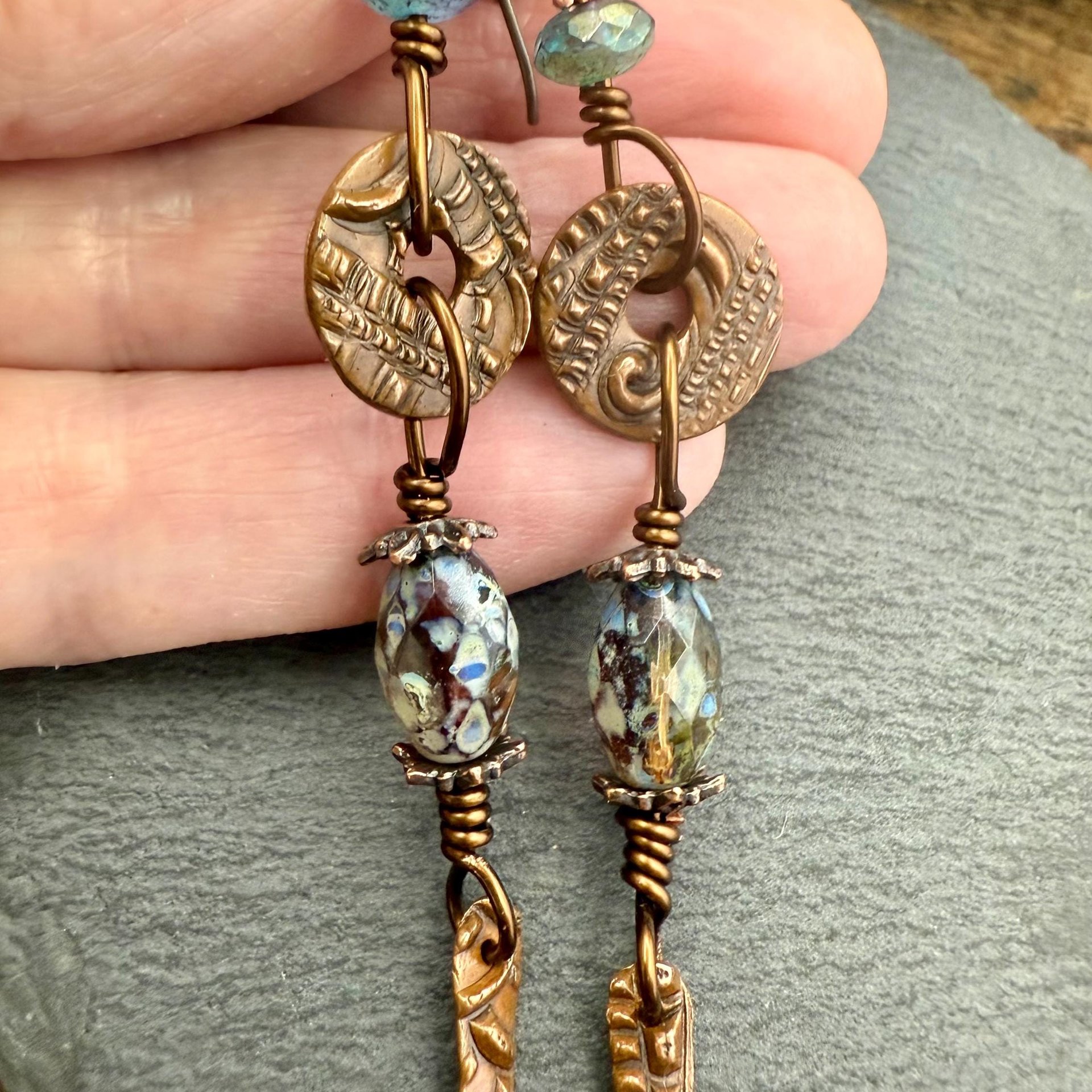 Copper Dangle Drop Earrings, Long Statement Earrings, Czech Glass Beads, Copper and Blue, Hypoallergenic Niobium Ear Wires, Earthy Primitive