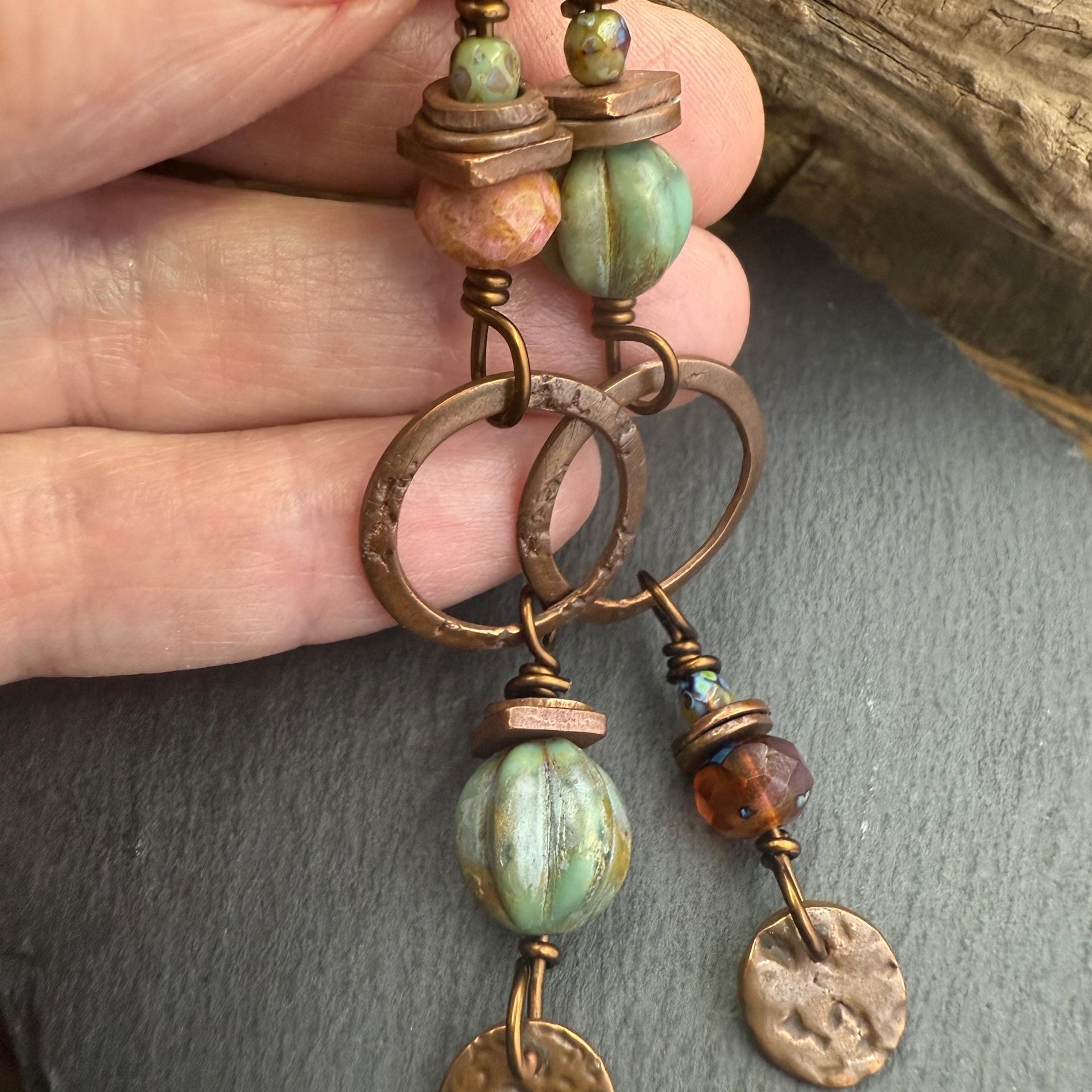 Copper Hoop Dangles, Long Earthy Earrings, Stacked Spacers, Czech Glass Beads, Hypoallergenic Ear Wires, Arty Mismatched Earrings, Handmade