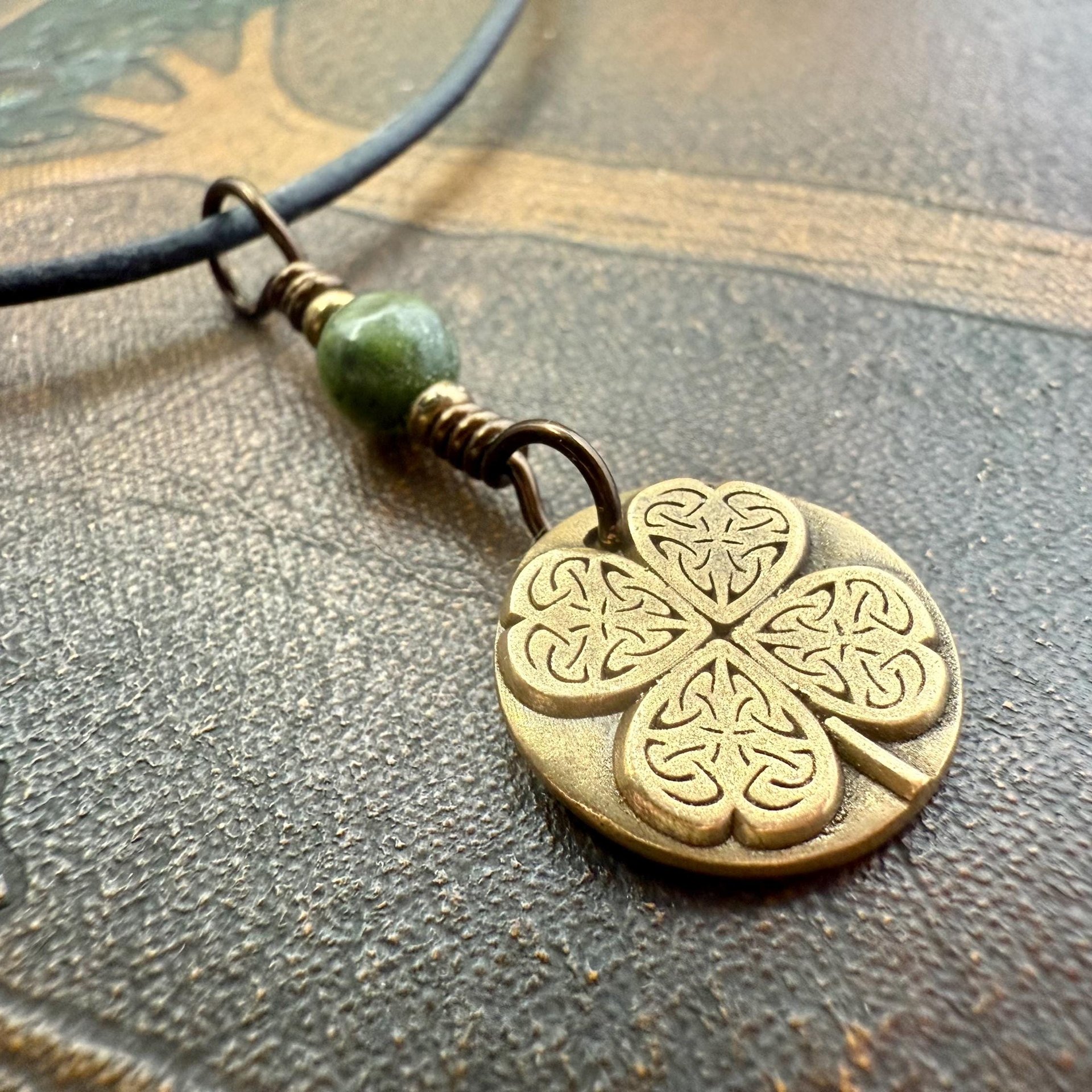 Four Leaf Clover, Bronze Necklace, Wax Seal Charm, Connemara Marble, Irish Celtic Jewelry, Lucky Charm, Celtic Witch, Irish Shamrock Luck