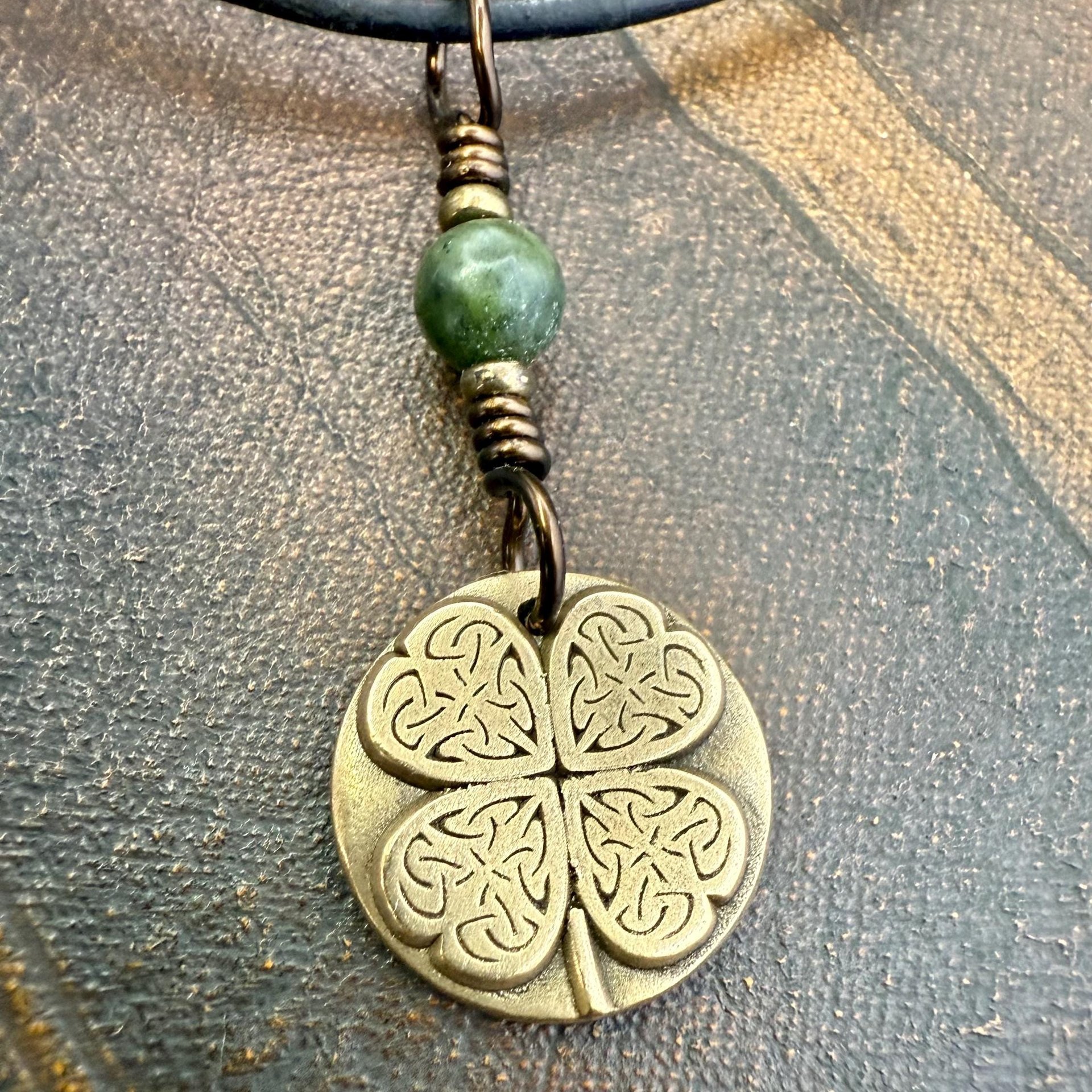 Four Leaf Clover, Bronze Necklace, Wax Seal Charm, Connemara Marble, Irish Celtic Jewelry, Lucky Charm, Celtic Witch, Irish Shamrock Luck