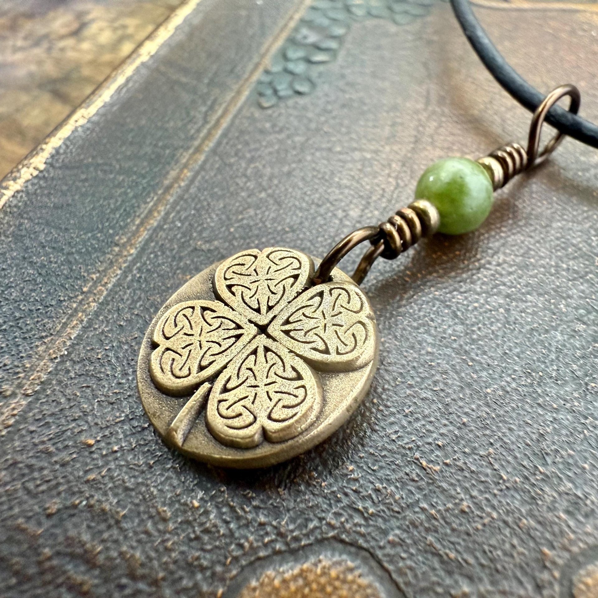Four Leaf Clover Heart, Bronze Wax Seal Charm, Connemara Marble, Irish Celtic Jewelry, 4 Leaf Clover, Lucky Love Charm, Leather & Vegan Cord