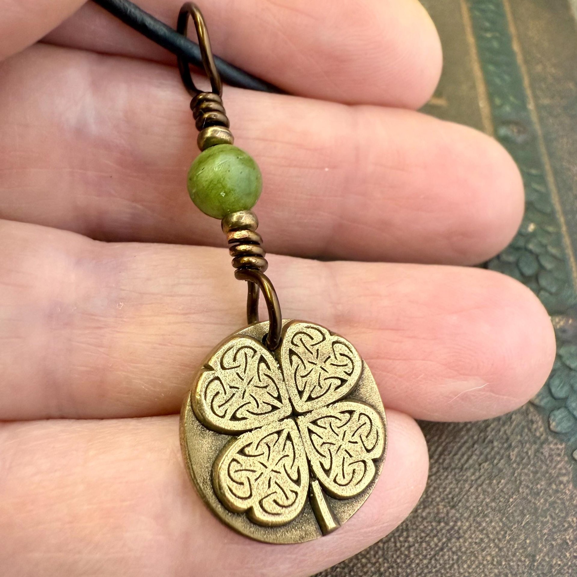 Four Leaf Clover Heart, Bronze Wax Seal Charm, Connemara Marble, Irish Celtic Jewelry, 4 Leaf Clover, Lucky Love Charm, Leather & Vegan Cord