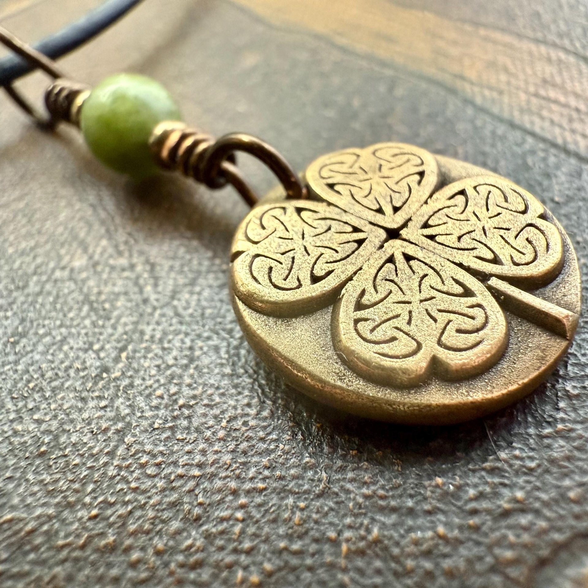 Four Leaf Clover Heart, Bronze Wax Seal Charm, Connemara Marble, Irish Celtic Jewelry, 4 Leaf Clover, Lucky Love Charm, Leather & Vegan Cord