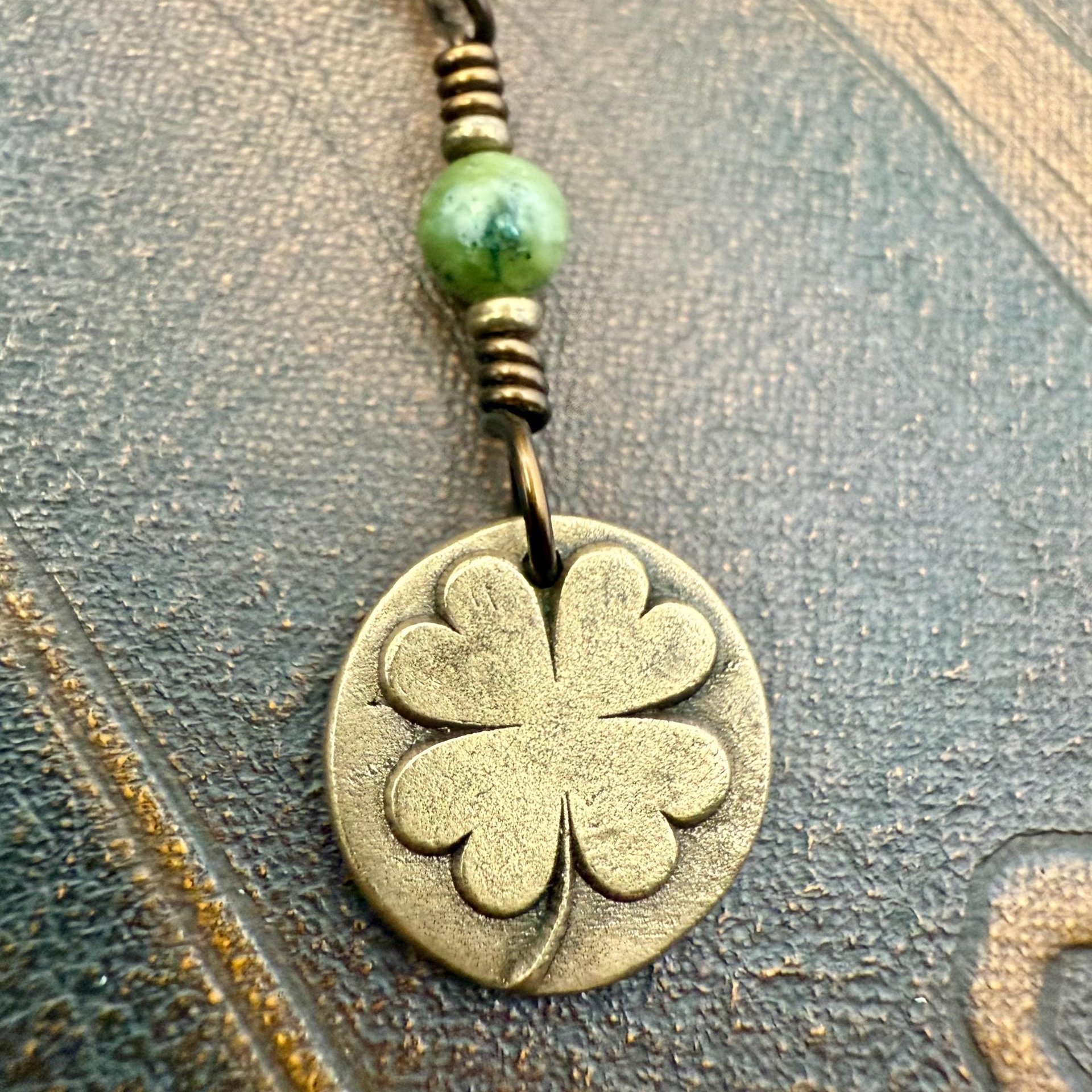 Four Leaf Clover, Bronze Necklace, Wax Seal Charm, Connemara Marble, Irish Celtic Jewelry, Lucky Charm, Celtic Witch, Irish Shamrock Luck