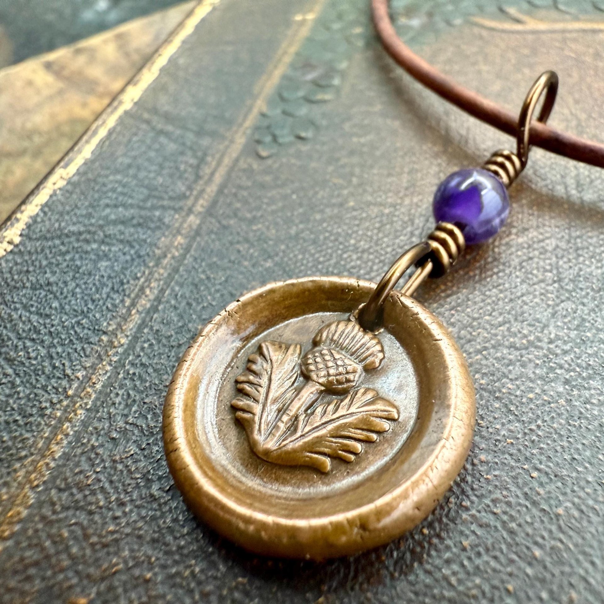 Thistle of Scotland, Copper Wax Seal Charm, Purple Amethyst, Leather & Vegan Cord, Highlander, Outlander, Scottish Gifts, Botanical Jewelry