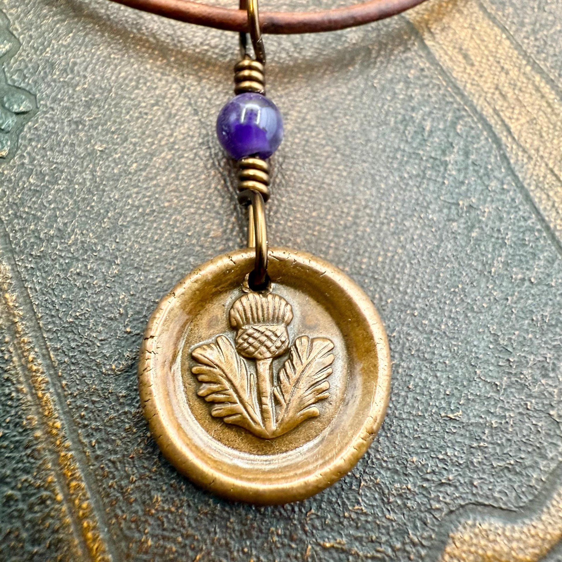 Thistle of Scotland, Copper Wax Seal Charm, Purple Amethyst, Leather & Vegan Cord, Highlander, Outlander, Scottish Gifts, Botanical Jewelry