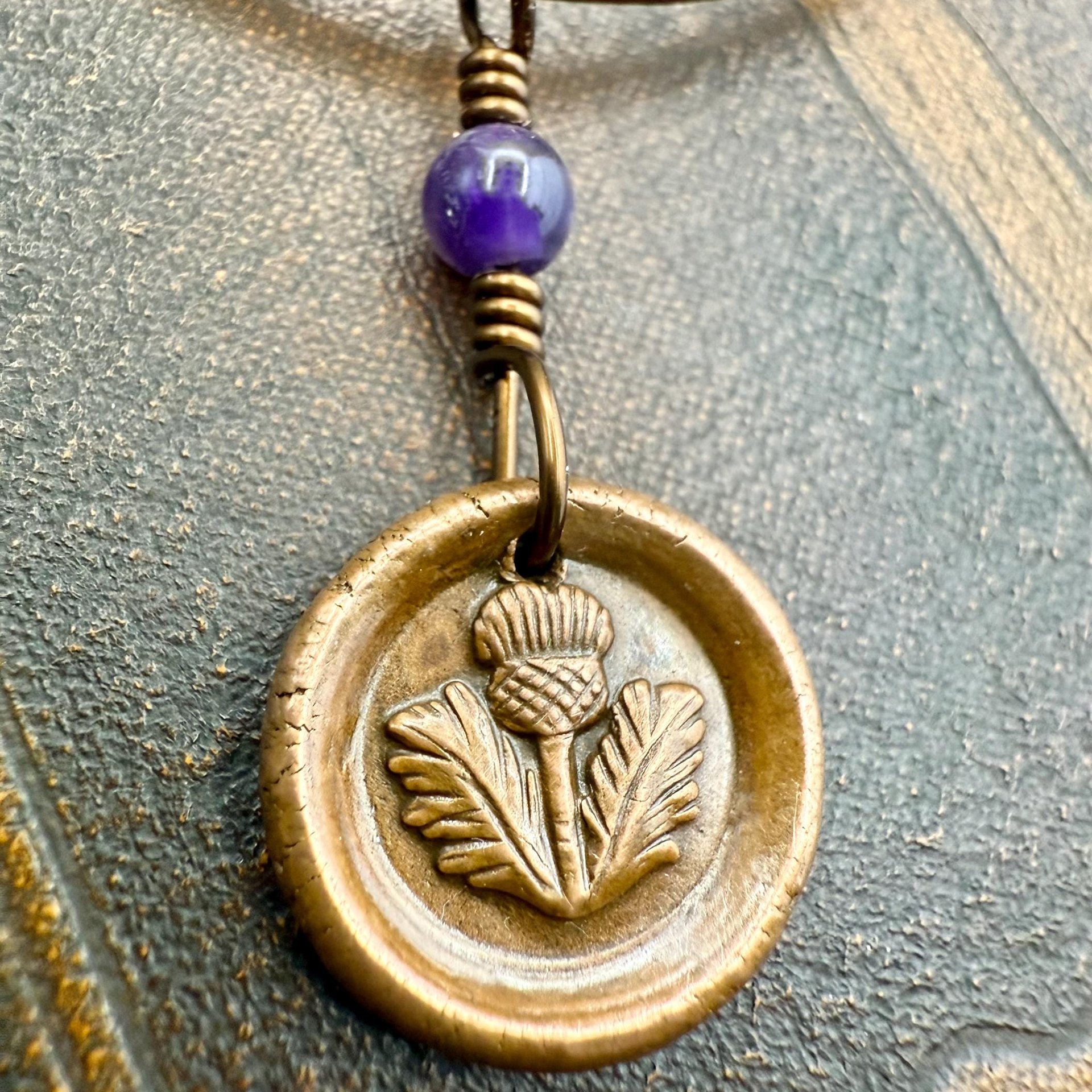Thistle of Scotland, Copper Wax Seal Charm, Purple Amethyst, Leather & Vegan Cord, Highlander, Outlander, Scottish Gifts, Botanical Jewelry