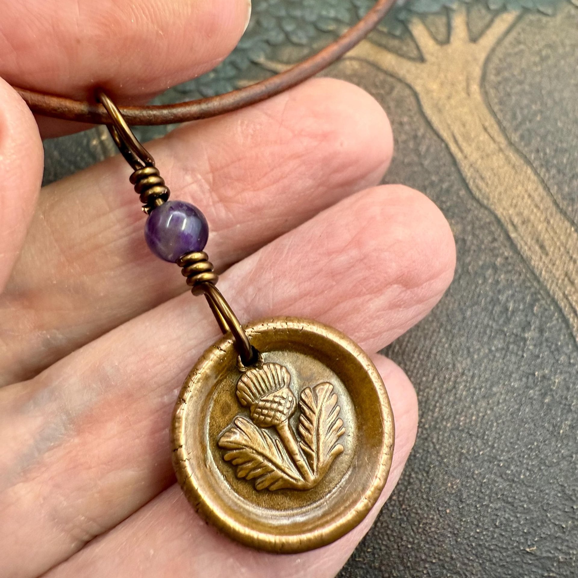 Thistle of Scotland, Copper Wax Seal Charm, Purple Amethyst, Leather & Vegan Cord, Highlander, Outlander, Scottish Gifts, Botanical Jewelry