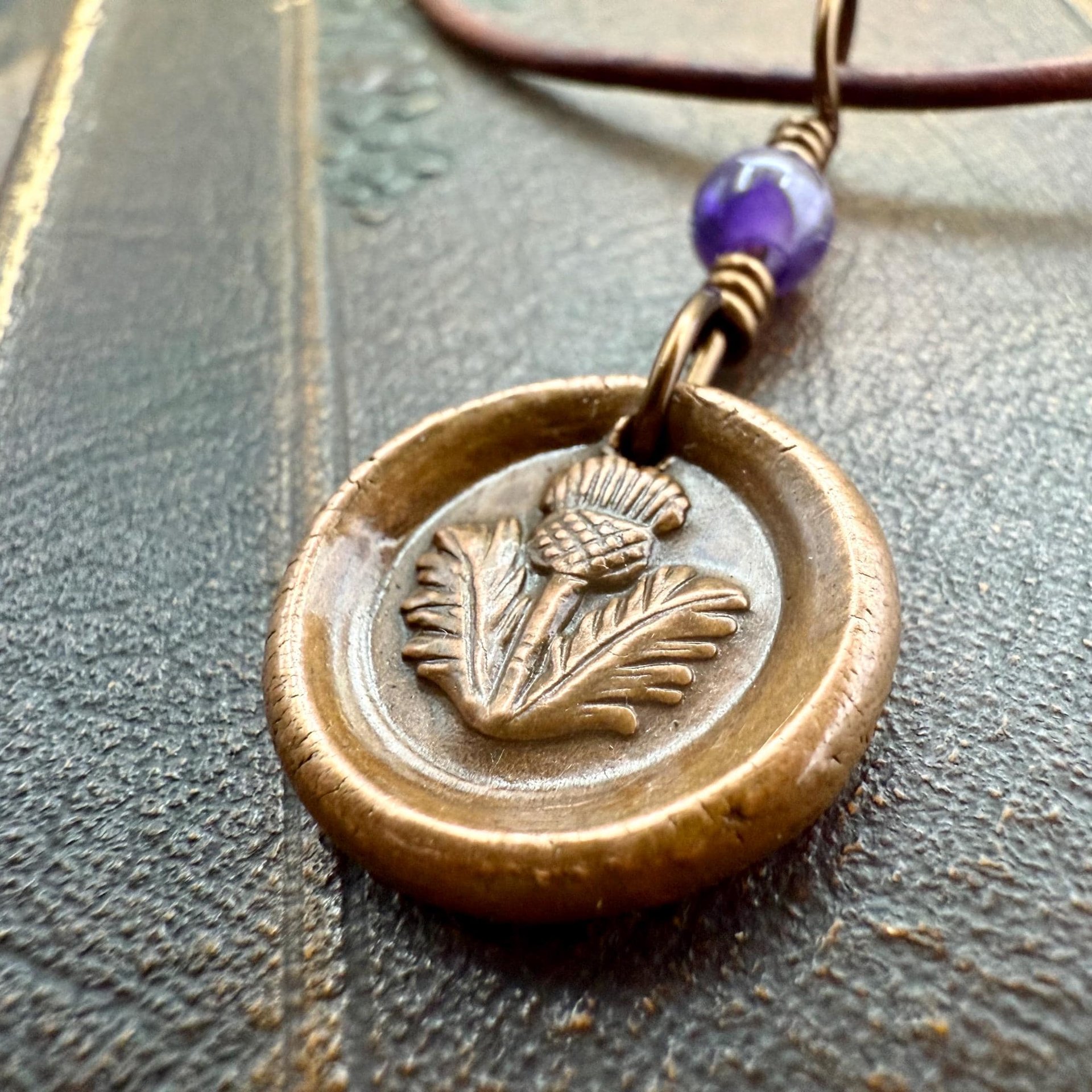 Thistle of Scotland, Copper Wax Seal Charm, Purple Amethyst, Leather & Vegan Cord, Highlander, Outlander, Scottish Gifts, Botanical Jewelry