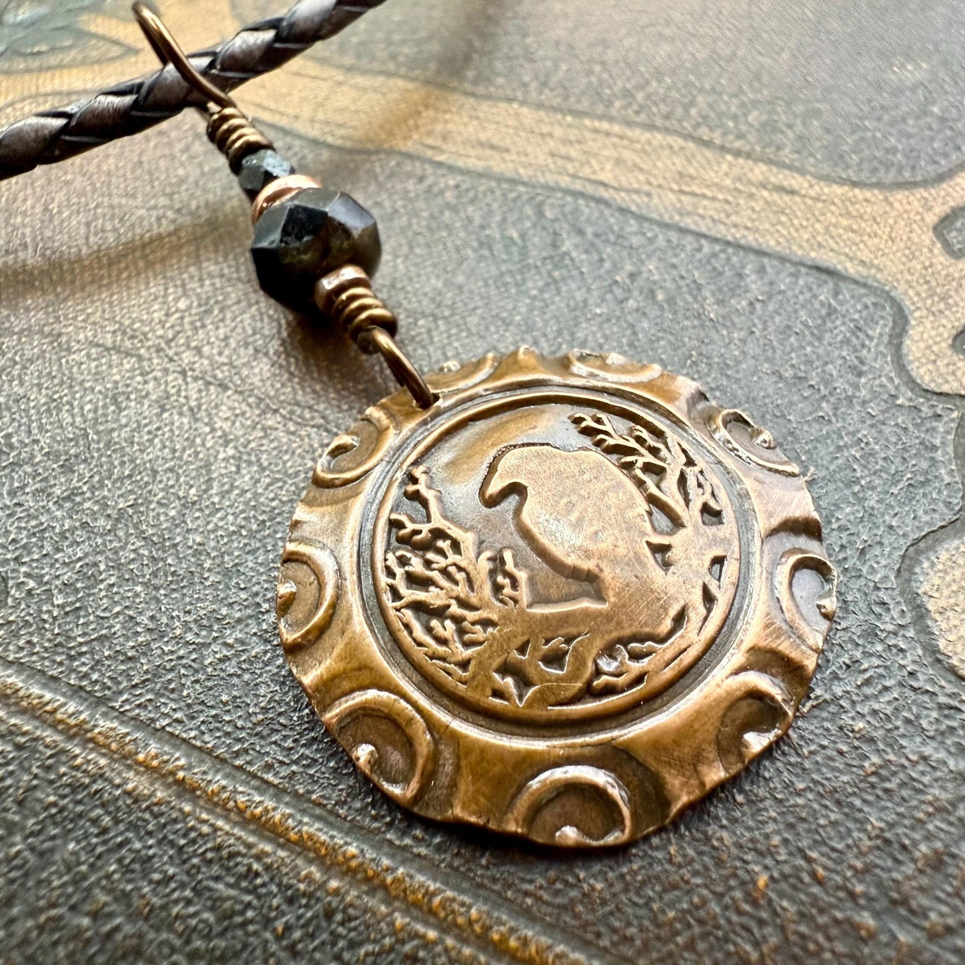Copper Raven, Wax Seal Charm, Irish Celtic, Czech Glass, Leather & Vegan Cords, Crow Corvid, Handmade Art Jewelry, Celtic Witch, Messengers
