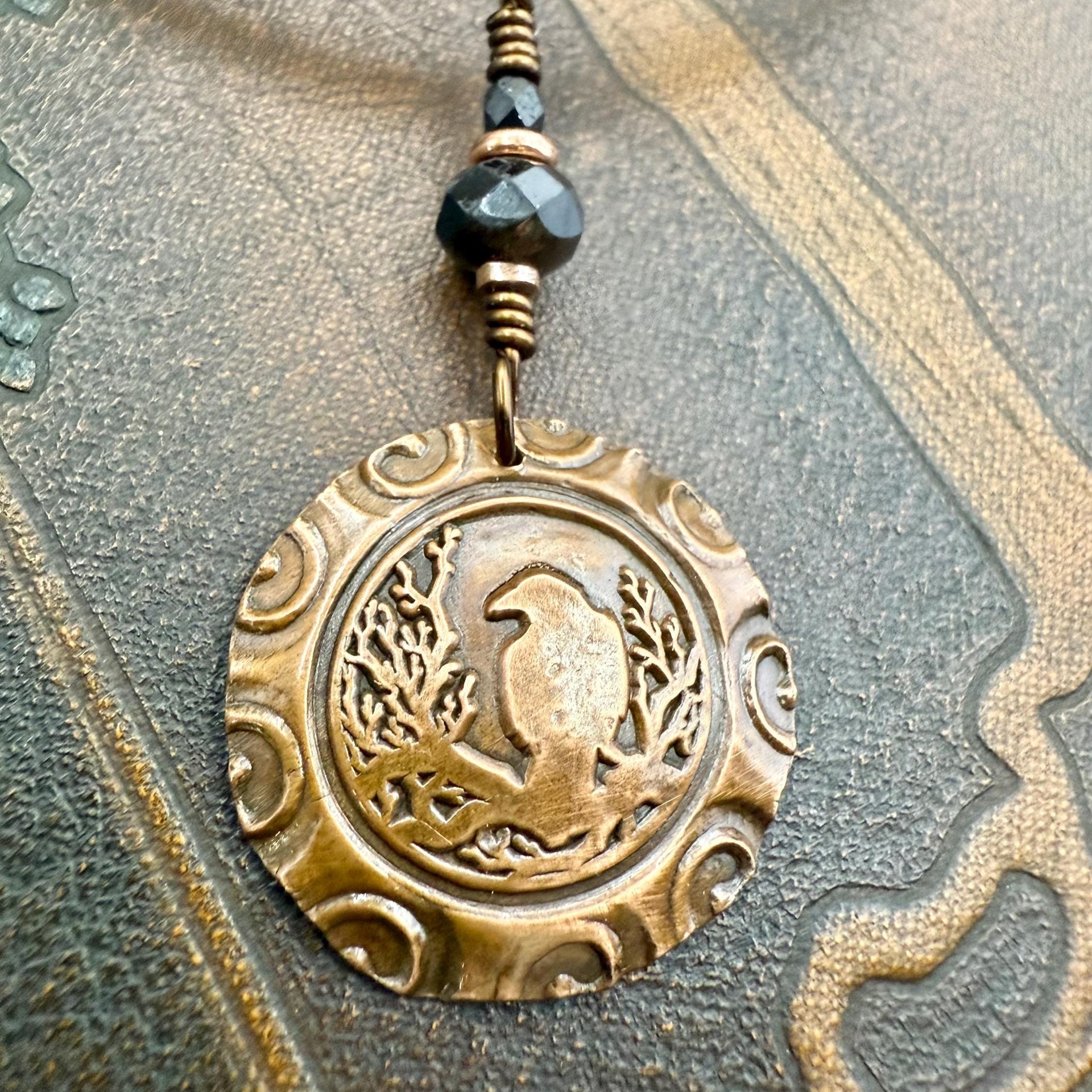 Copper Raven, Wax Seal Charm, Irish Celtic, Czech Glass, Leather & Vegan Cords, Crow Corvid, Handmade Art Jewelry, Celtic Witch, Messengers