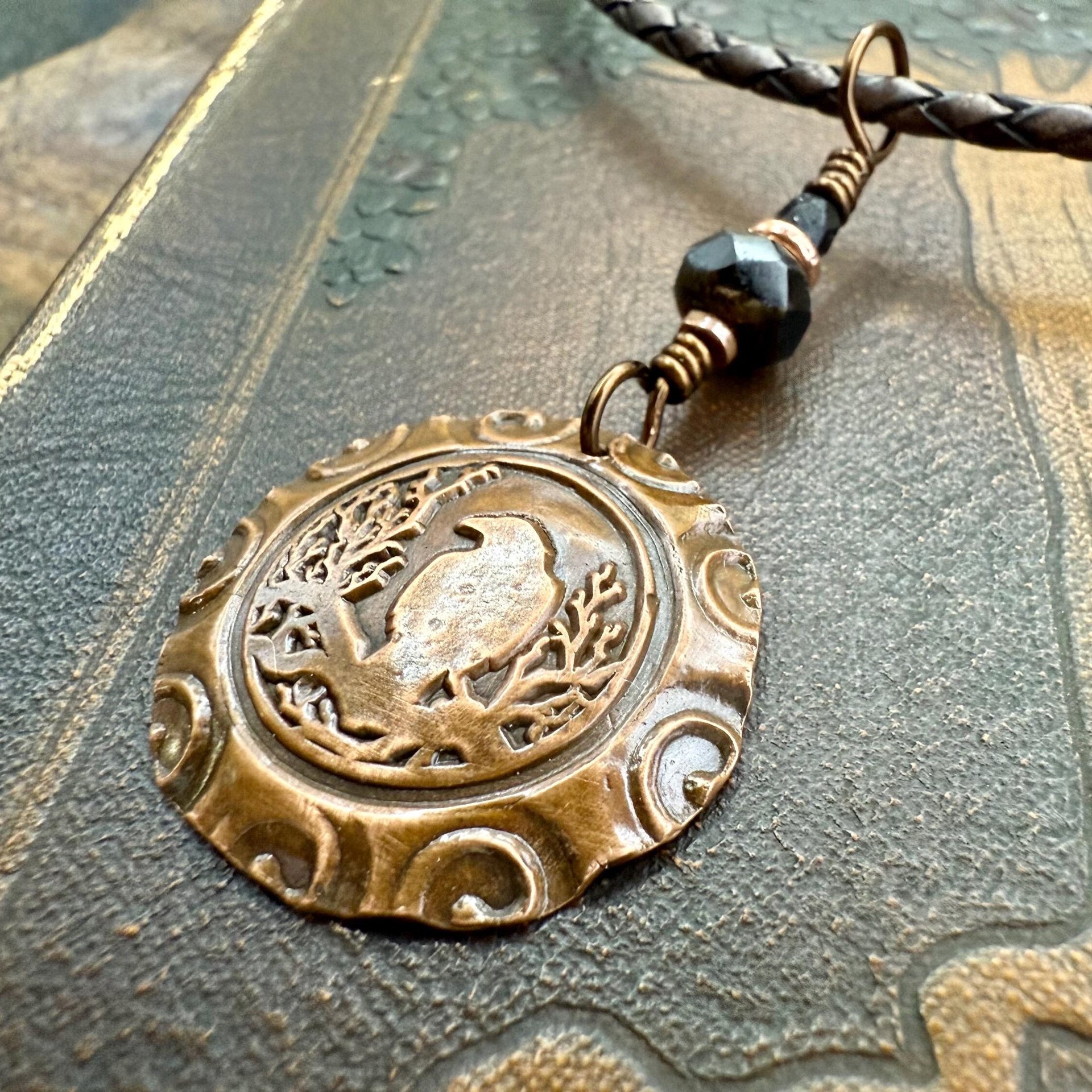 Copper Raven, Wax Seal Charm, Irish Celtic, Czech Glass, Leather & Vegan Cords, Crow Corvid, Handmade Art Jewelry, Celtic Witch, Messengers